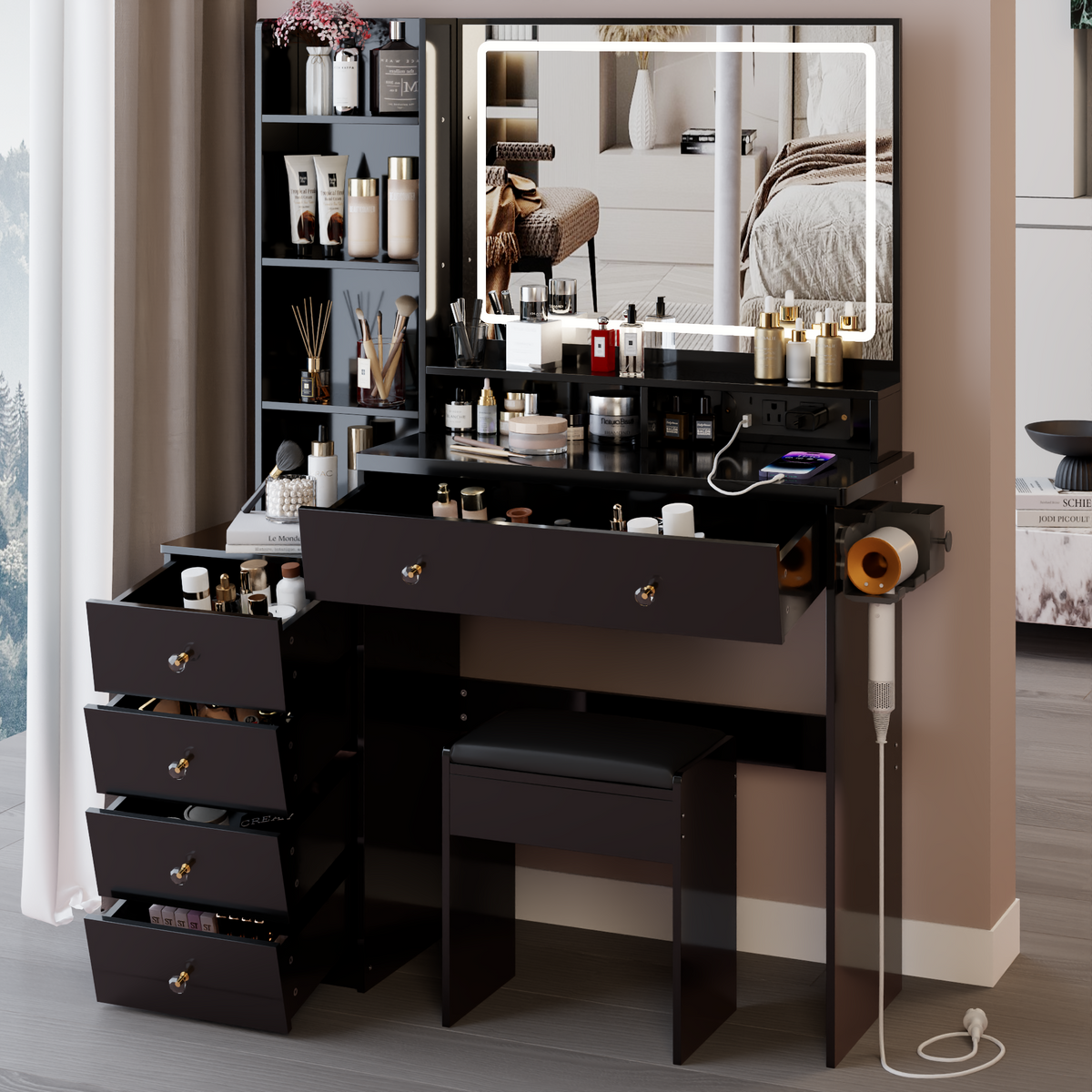 THE FURNITURE CO. Vanity Default 41 Inch Large Left Vanity Table Set With Cushioned Stool, 2 AC Outlets, 2 USB Ports, Extra Large Touch Control LED Mirror In Black