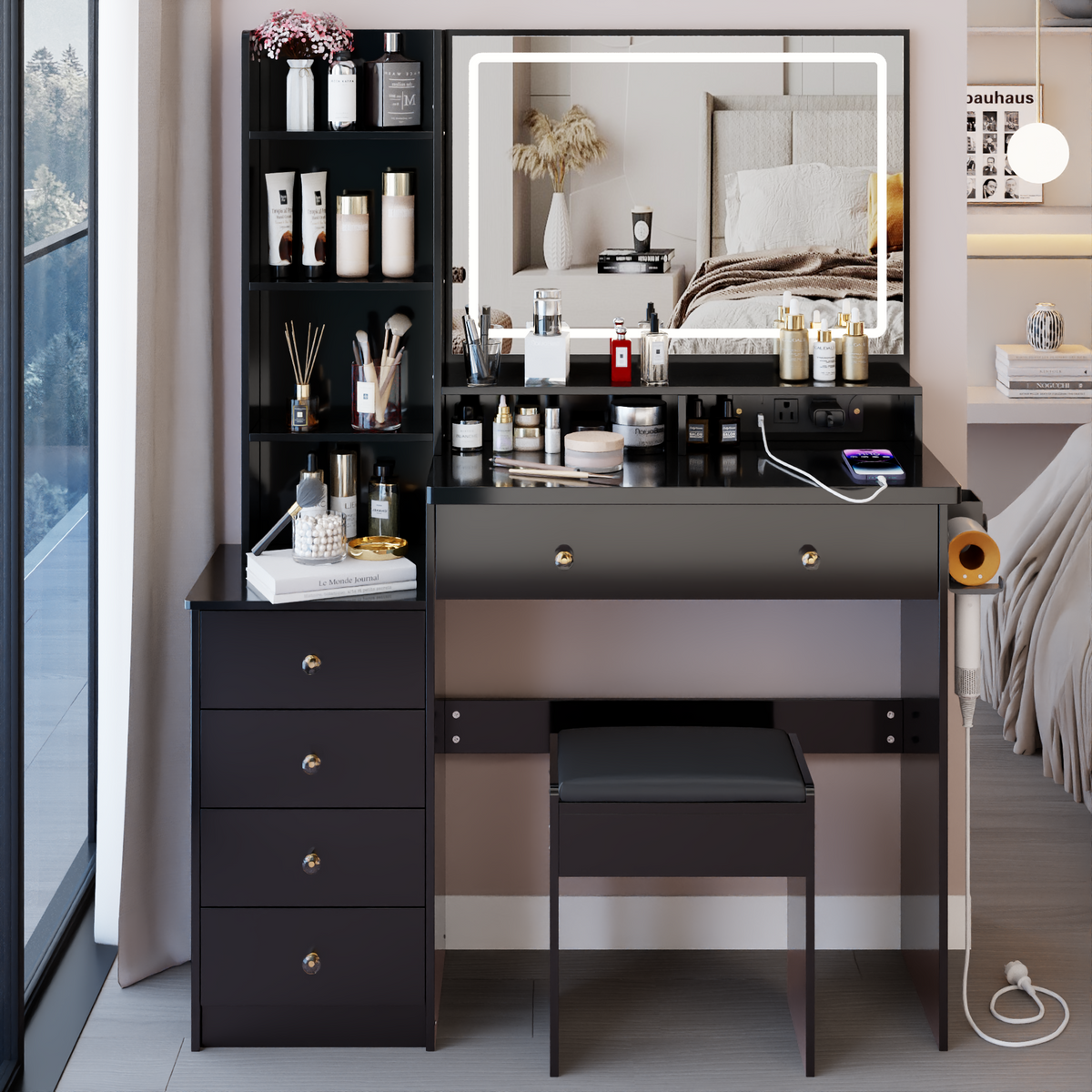 THE FURNITURE CO. Vanity Default 41 Inch Large Left Vanity Table Set With Cushioned Stool, 2 AC Outlets, 2 USB Ports, Extra Large Touch Control LED Mirror In Black