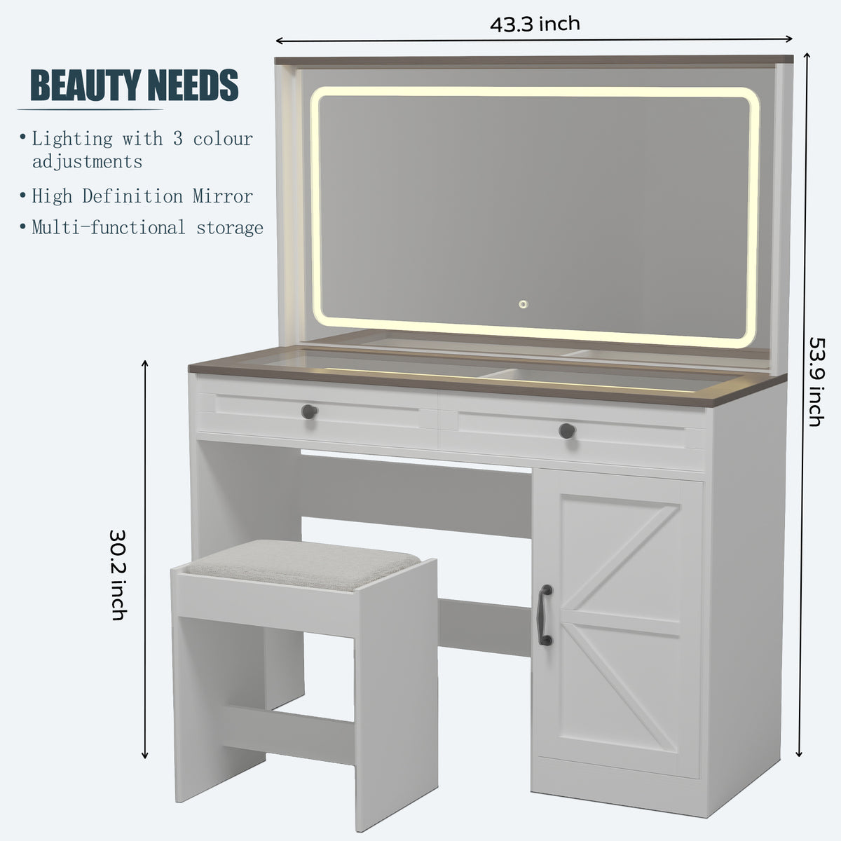 THE FURNITURE CO. Vanity Default 43.3 Makeup Vanity Table with Large Mirror and LED Light Strip Brightness Adjustable 3 Drawers Dressing Table In White with Stool