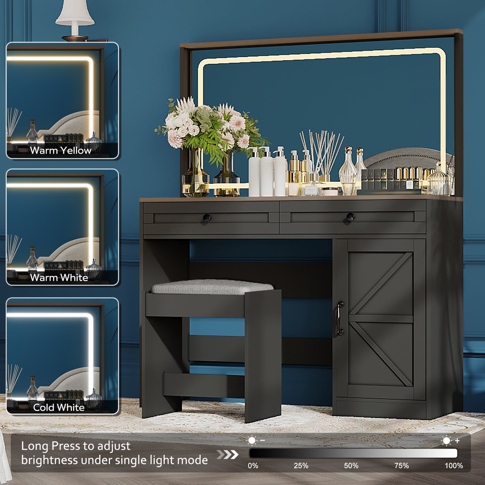 THE FURNITURE CO. Vanity Default 43.3 Makeup Vanity Table with Large Mirror and LED Lights, Brightness Adjustable Dressing Table with 3 Drawers In Black with Stool