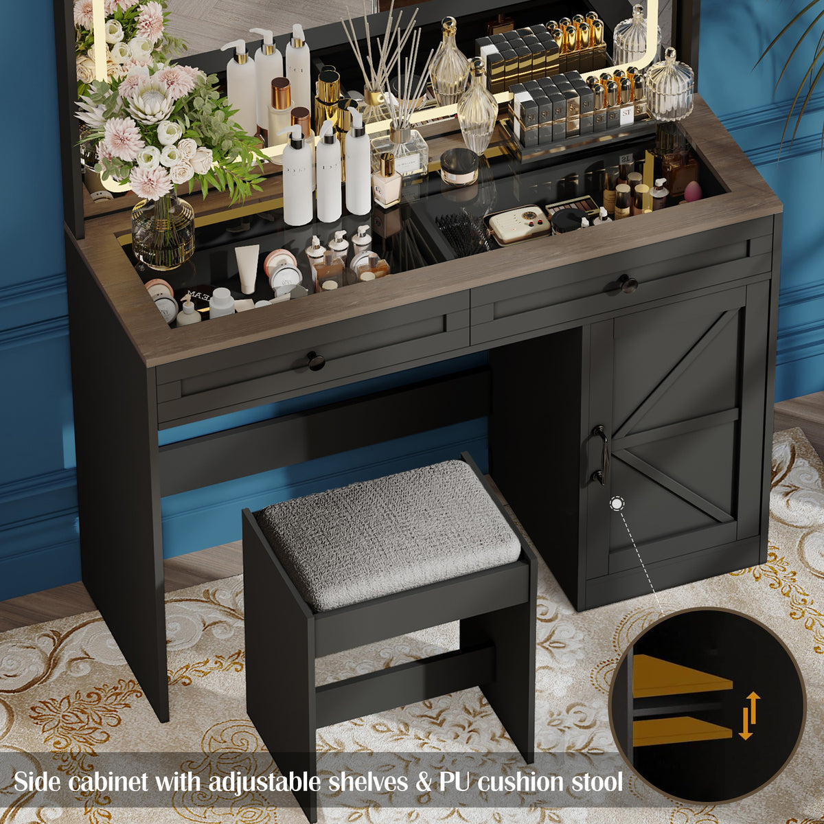 THE FURNITURE CO. Vanity Default 43.3 Makeup Vanity Table with Large Mirror and LED Lights, Brightness Adjustable Dressing Table with 3 Drawers In Black with Stool