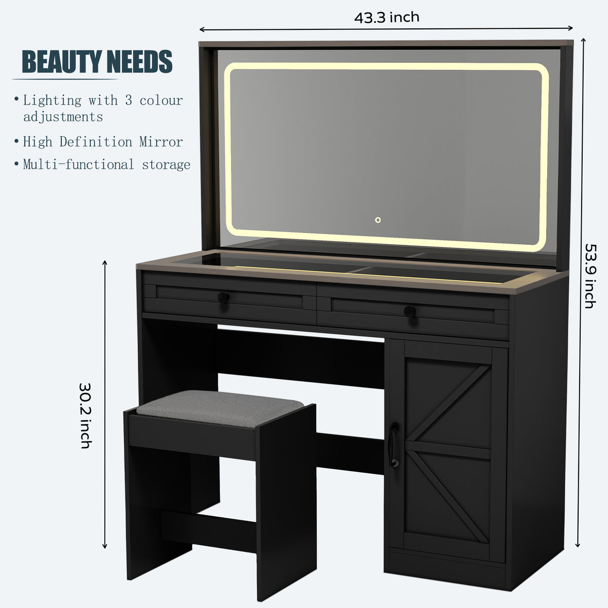 THE FURNITURE CO. Vanity Default 43.3 Makeup Vanity Table with Large Mirror and LED Lights, Brightness Adjustable Dressing Table with 3 Drawers In Black with Stool