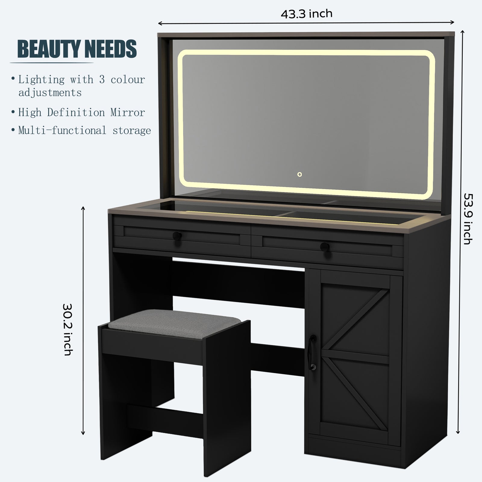 THE FURNITURE CO. Vanity Default 43.3 Makeup Vanity Table with Large Mirror and LED Lights, Brightness Adjustable Dressing Table with 3 Drawers In Black with Stool