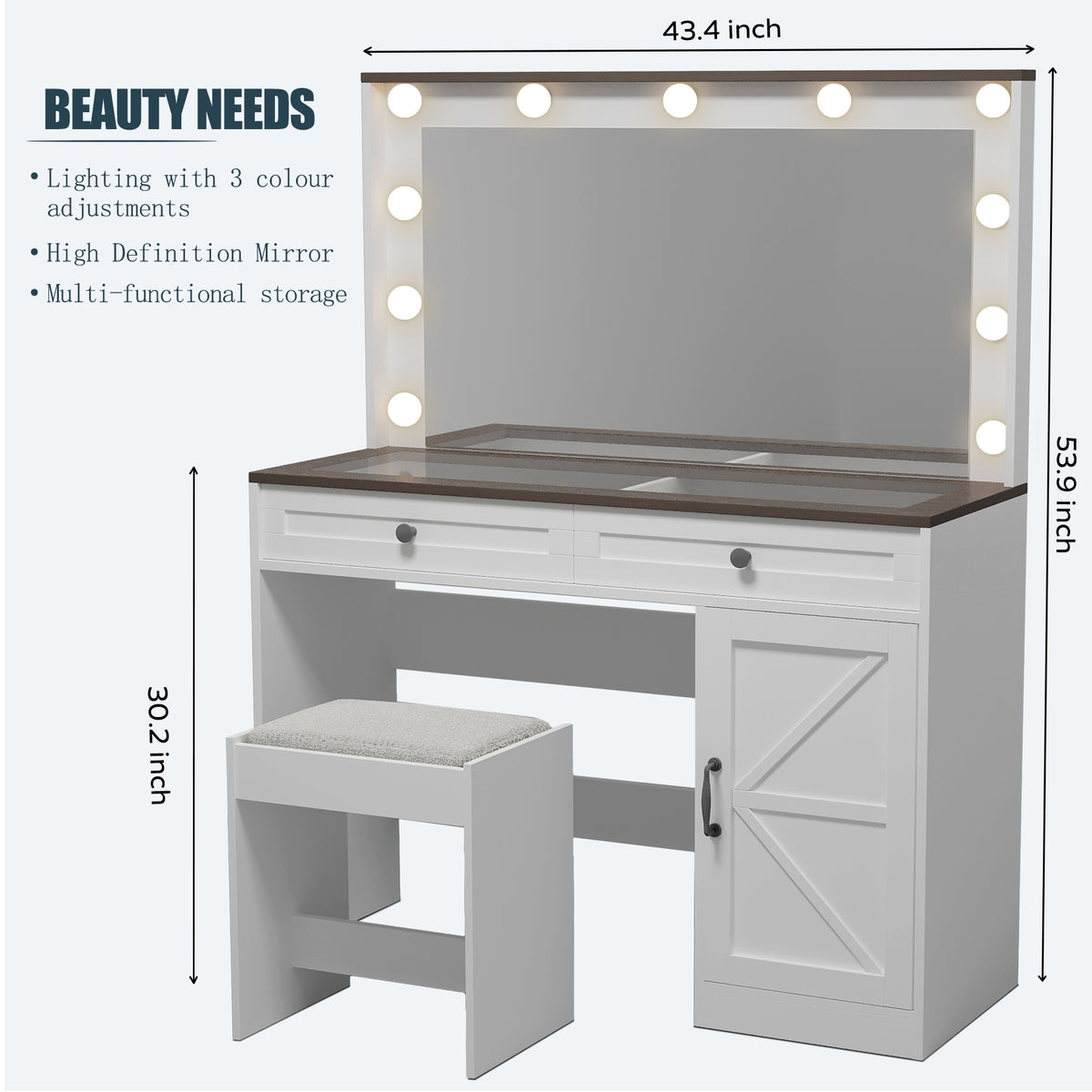 THE FURNITURE CO. Vanity Default 43.4 Inch Makeup Vanity Table with Large Mirror and 11 LED Lights Brightness Adjustable Dressing Table with 3 Drawers In White
