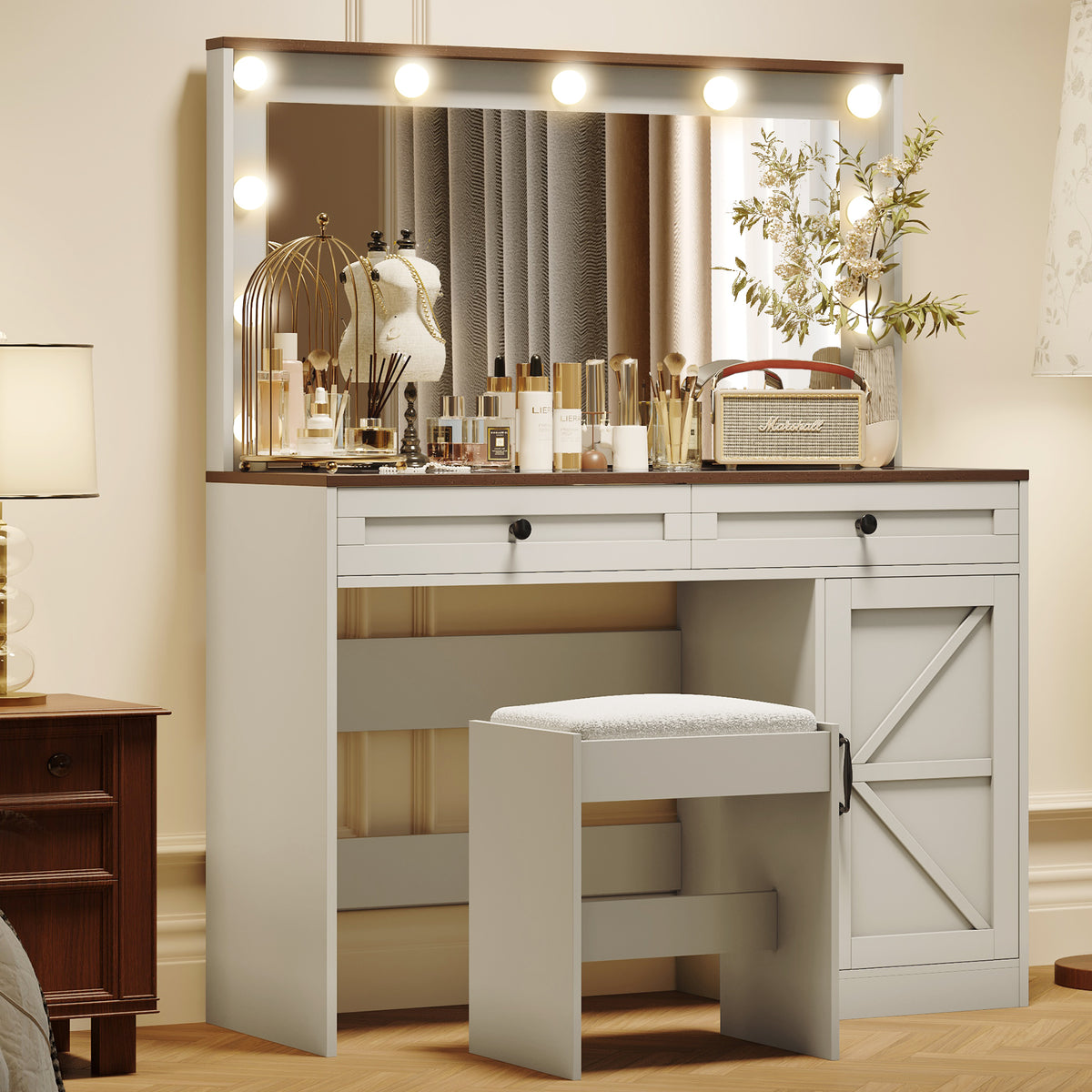 THE FURNITURE CO. Vanity Default 43.4 Inch Makeup Vanity Table with Large Mirror and 11 LED Lights Brightness Adjustable Dressing Table with 3 Drawers In White