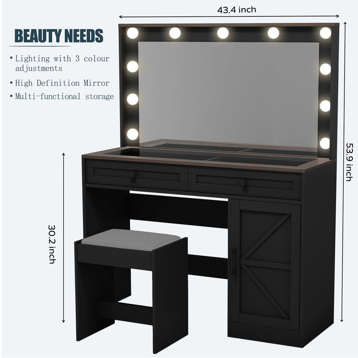THE FURNITURE CO. Vanity Default 43.4 Makeup Vanity Table with Large Mirror and LED Lights Adjustable Brightness Dressing Table with 3 Drawers In Black