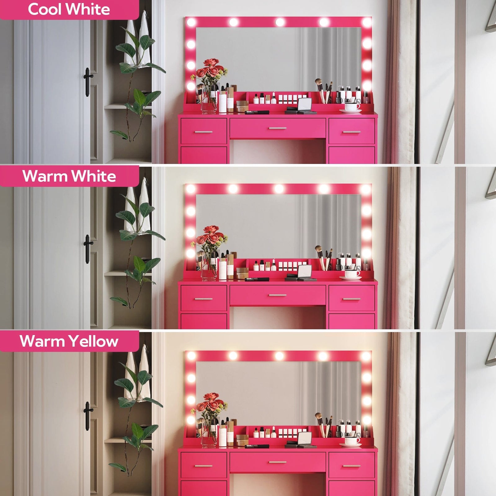 THE FURNITURE CO. Vanity Default 47.2 Vanity Desk with Large Mirror and 3 Lighting Modes Adjustable Brightness with 3 Drawers and 2 Cabinets In Rose Pink