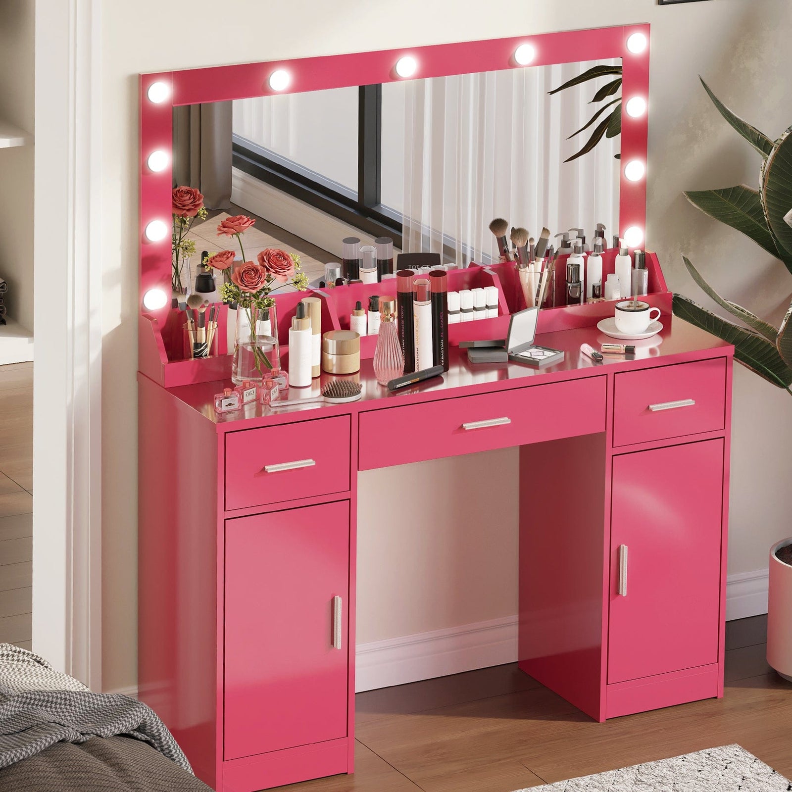 THE FURNITURE CO. Vanity Default 47.2 Vanity Desk with Large Mirror and 3 Lighting Modes Adjustable Brightness with 3 Drawers and 2 Cabinets In Rose Pink