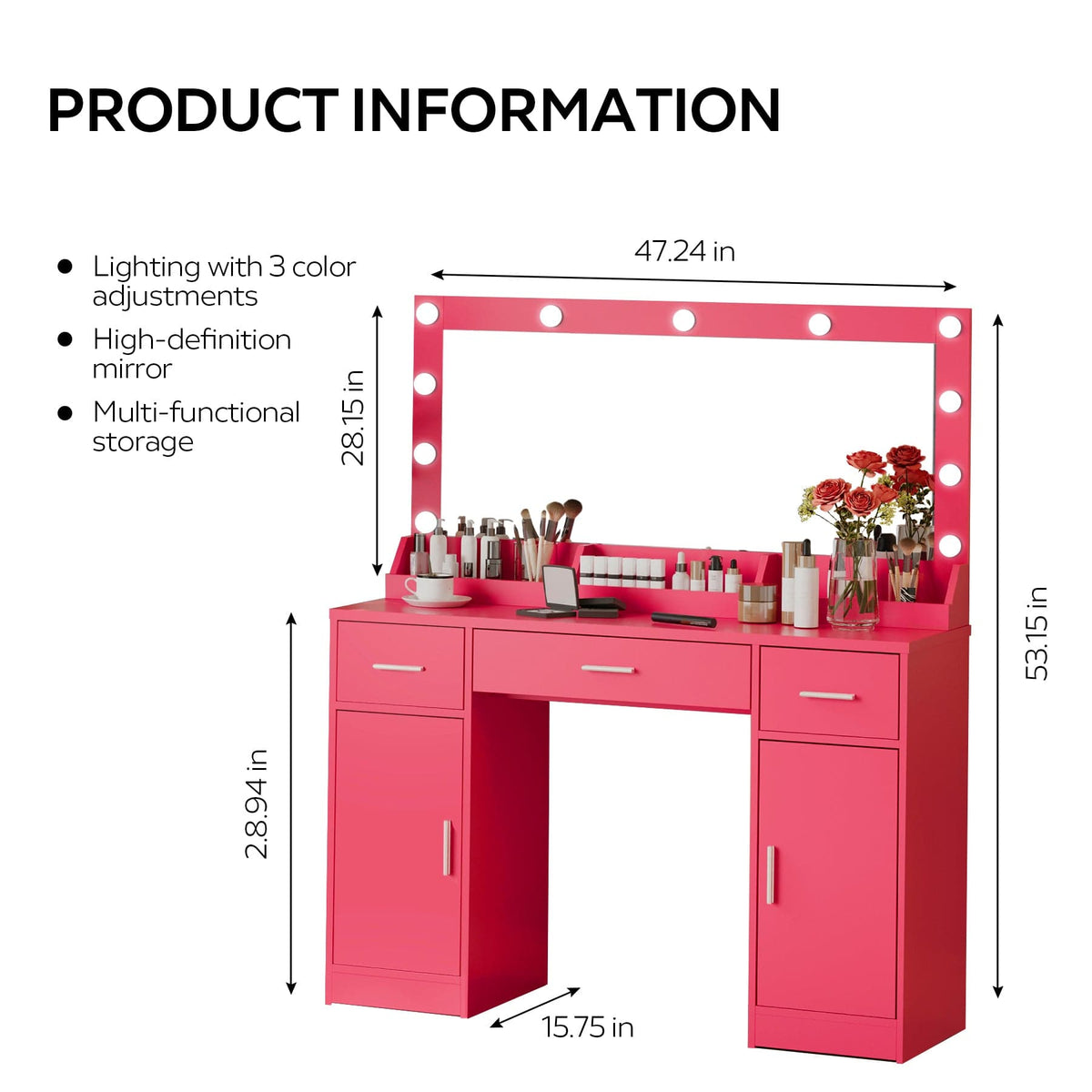 THE FURNITURE CO. Vanity Default 47.2 Vanity Desk with Large Mirror and 3 Lighting Modes Adjustable Brightness with 3 Drawers and 2 Cabinets In Rose Pink