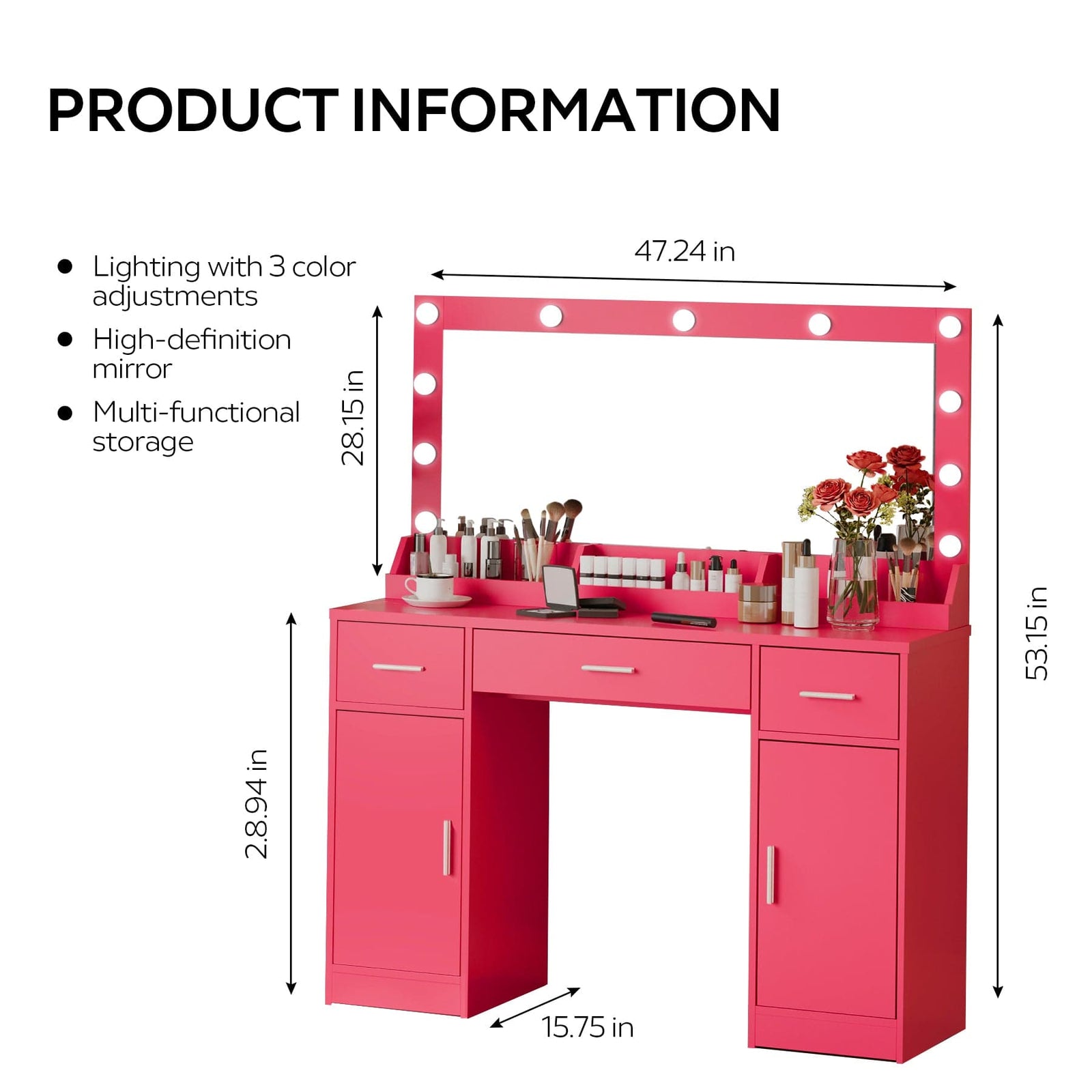 THE FURNITURE CO. Vanity Default 47.2 Vanity Desk with Large Mirror and 3 Lighting Modes Adjustable Brightness with 3 Drawers and 2 Cabinets In Rose Pink