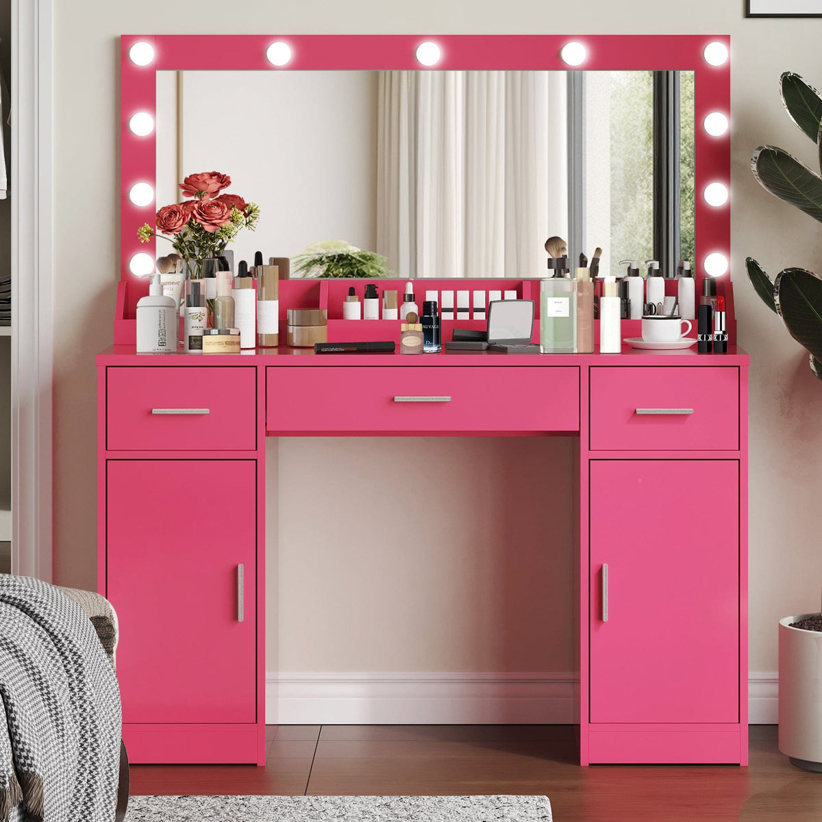 THE FURNITURE CO. Vanity Default 47.2 Vanity Desk with Large Mirror and 3 Lighting Modes Adjustable Brightness with 3 Drawers and 2 Cabinets In Rose Pink