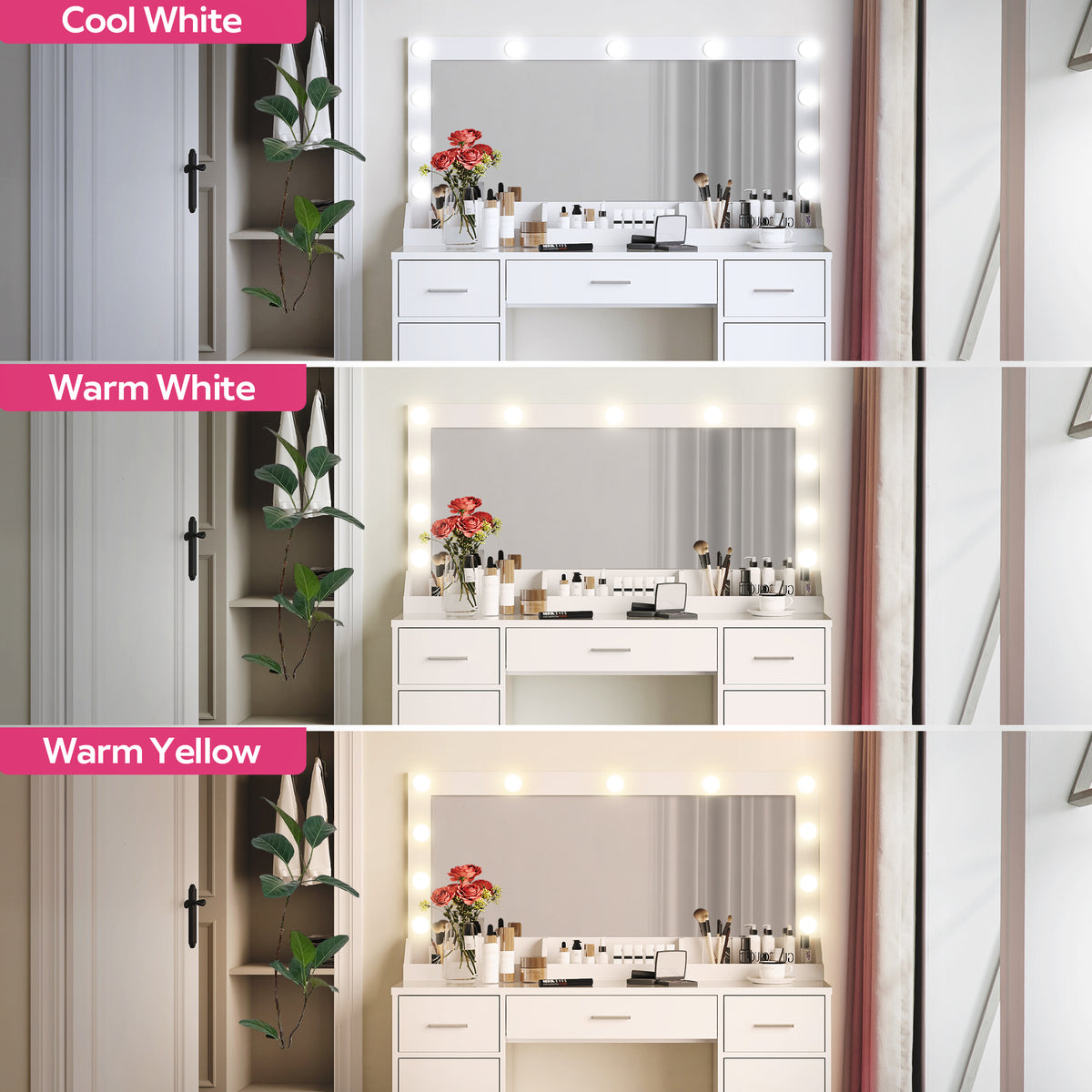 THE FURNITURE CO. Vanity Default 47.2 Vanity Desk with Large Mirror and 3 Lighting Modes Adjustable Brightness with 3 Drawers and 2 Cabinets In White