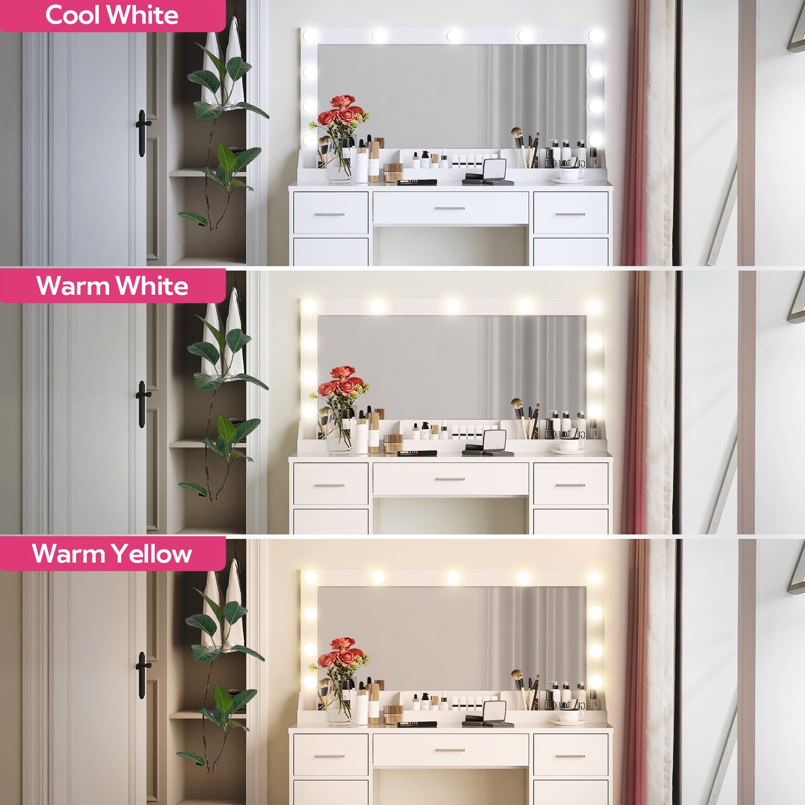 THE FURNITURE CO. Vanity Default 47.2 Vanity Desk with Large Mirror and 3 Lighting Modes Adjustable Brightness with 3 Drawers and 2 Cabinets In White