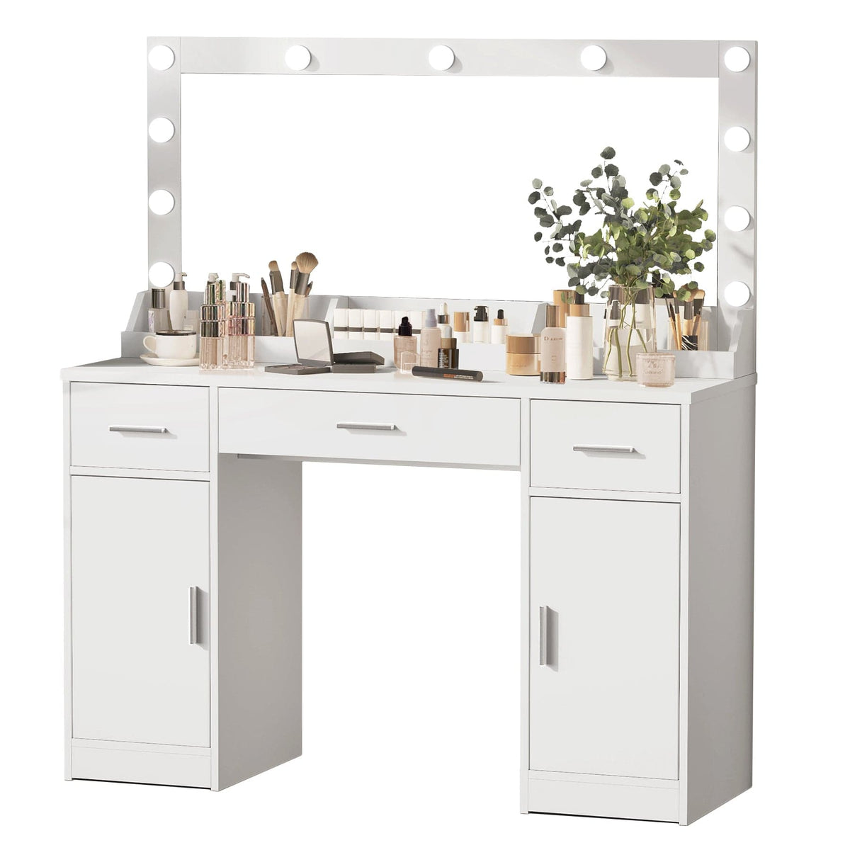 THE FURNITURE CO. Vanity Default 47.2 Vanity Desk with Large Mirror and 3 Lighting Modes Adjustable Brightness with 3 Drawers and 2 Cabinets In White