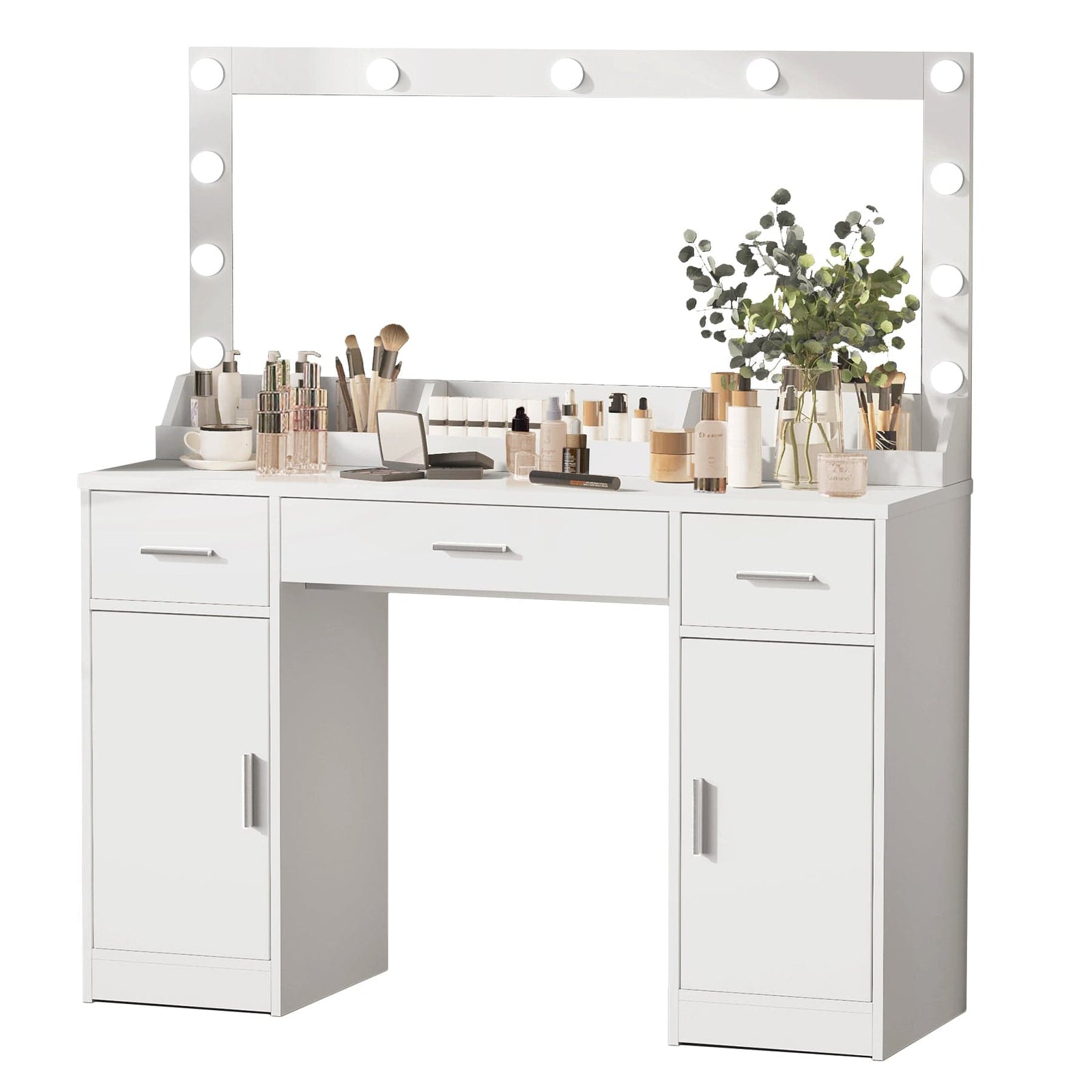THE FURNITURE CO. Vanity Default 47.2 Vanity Desk with Large Mirror and 3 Lighting Modes Adjustable Brightness with 3 Drawers and 2 Cabinets In White