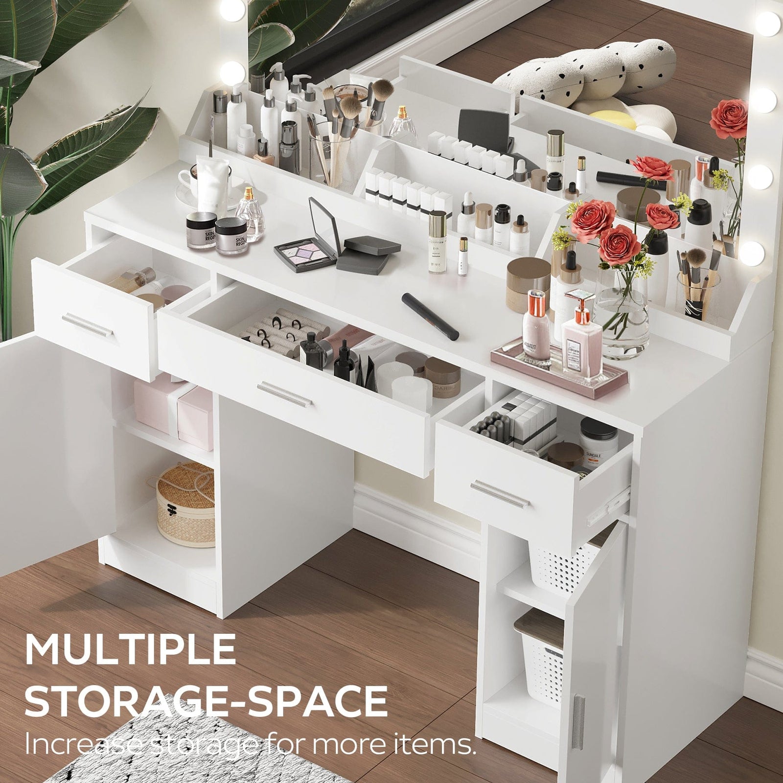 THE FURNITURE CO. Vanity Default 47.2 Vanity Desk with Large Mirror and 3 Lighting Modes Adjustable Brightness with 3 Drawers and 2 Cabinets In White