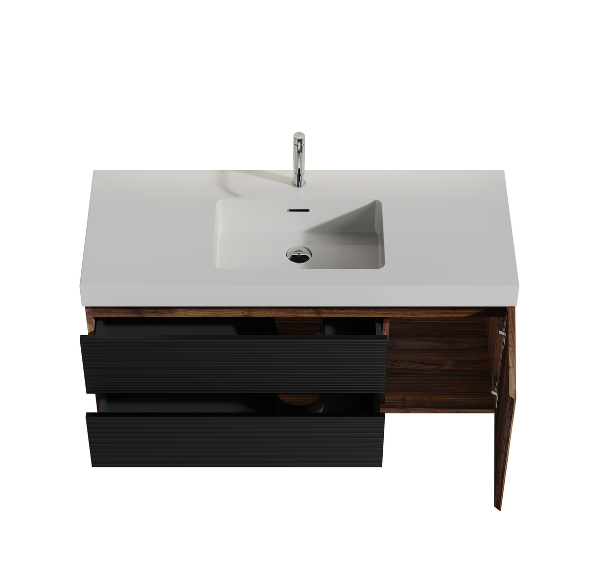 THE FURNITURE CO. Vanity Default 48 Inch Walnut Bathroom Vanity with Glossy White Sink and Soft Black Drawers Wall Mounted Floating Vanity In Walnut and White