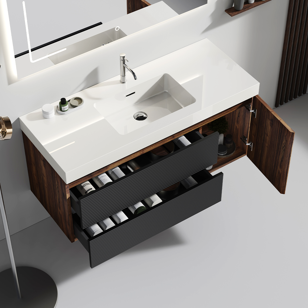 THE FURNITURE CO. Vanity Default 48 Inch Walnut Bathroom Vanity with Glossy White Sink and Soft Black Drawers Wall Mounted Floating Vanity In Walnut and White