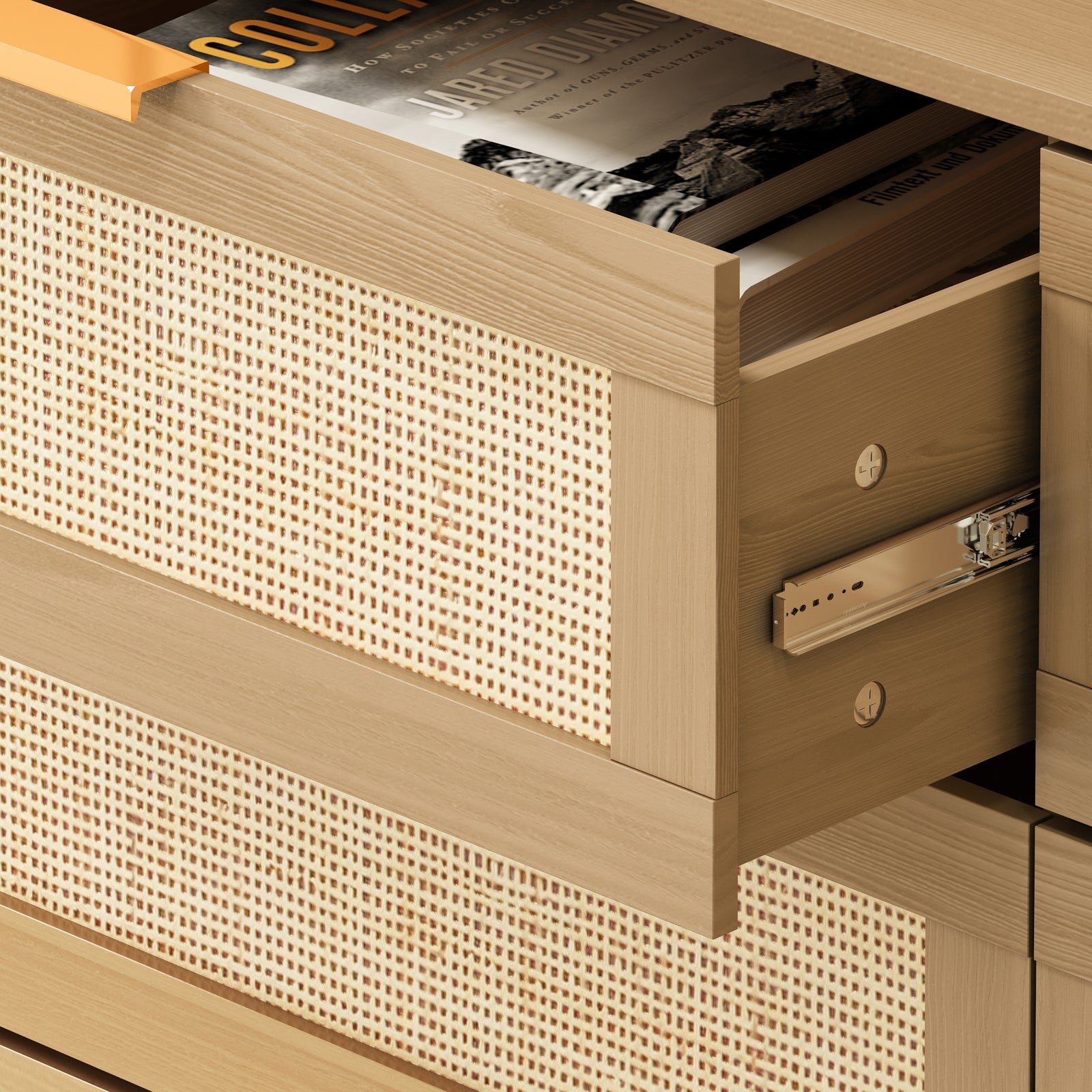 THE FURNITURE CO. Vanity Default 6 Drawers Rattan Dresser With Smooth Drawers For Bedroom And Living Room In Oak