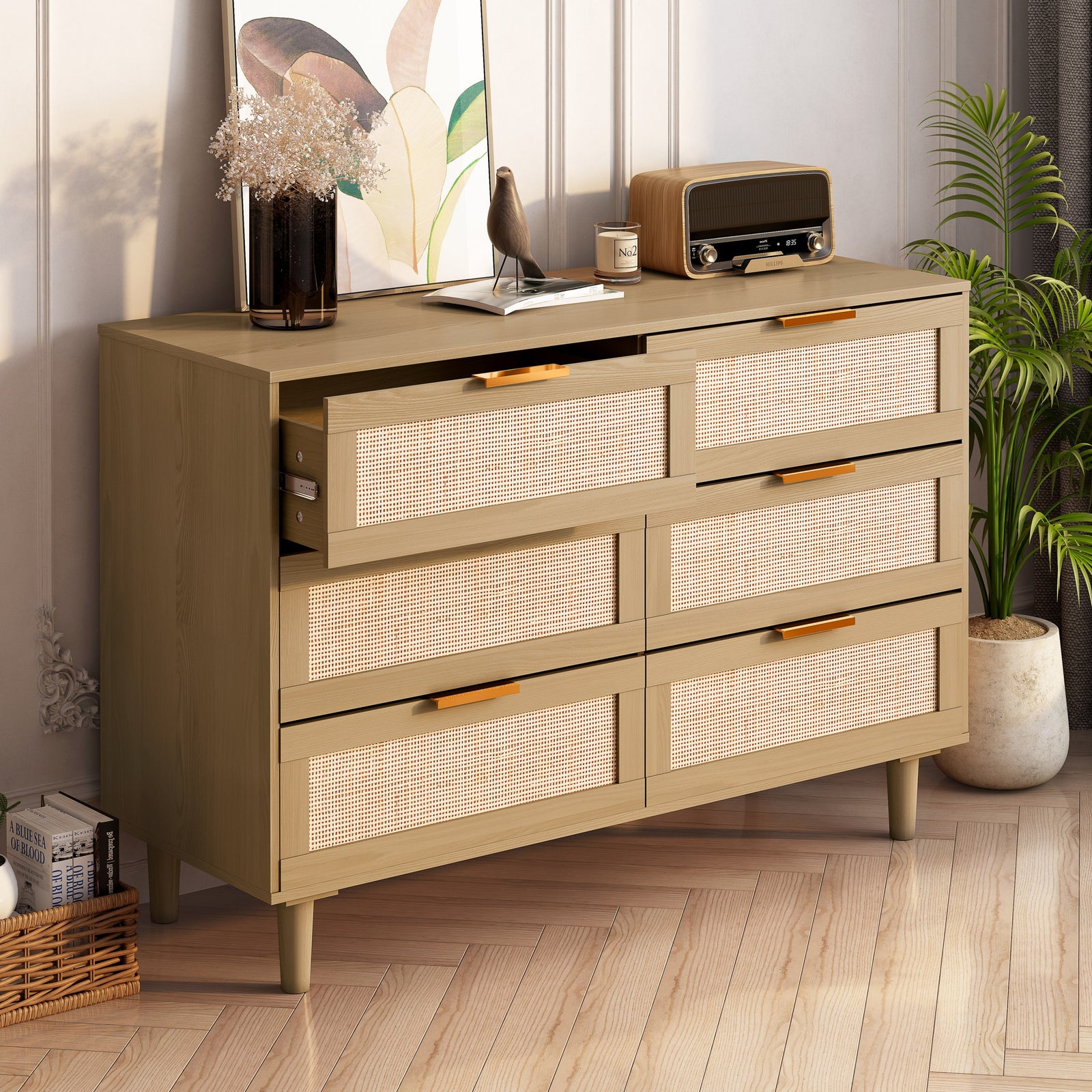 THE FURNITURE CO. Vanity Default 6 Drawers Rattan Dresser With Smooth Drawers For Bedroom And Living Room In Oak