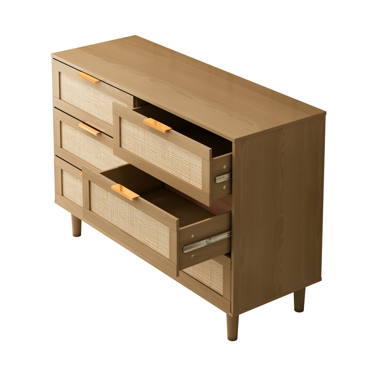 THE FURNITURE CO. Vanity Default 6 Drawers Rattan Dresser With Smooth Drawers For Bedroom And Living Room In Oak