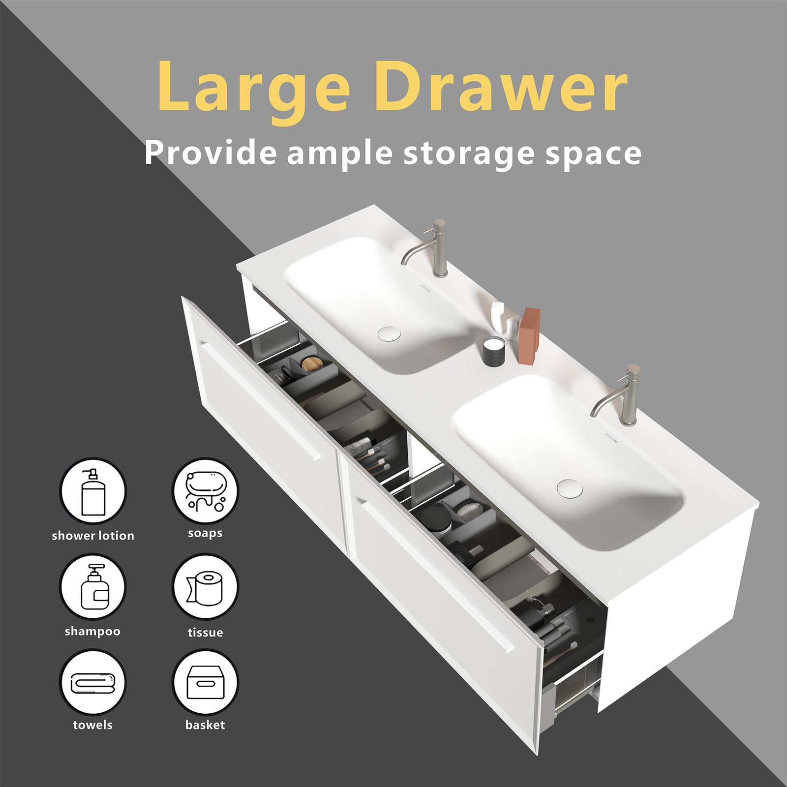 THE FURNITURE CO. Vanity Default 60 Inch Matt Snow White Bathroom Vanity with LED Drawer Light and Integrated Sink In Matt Snow White