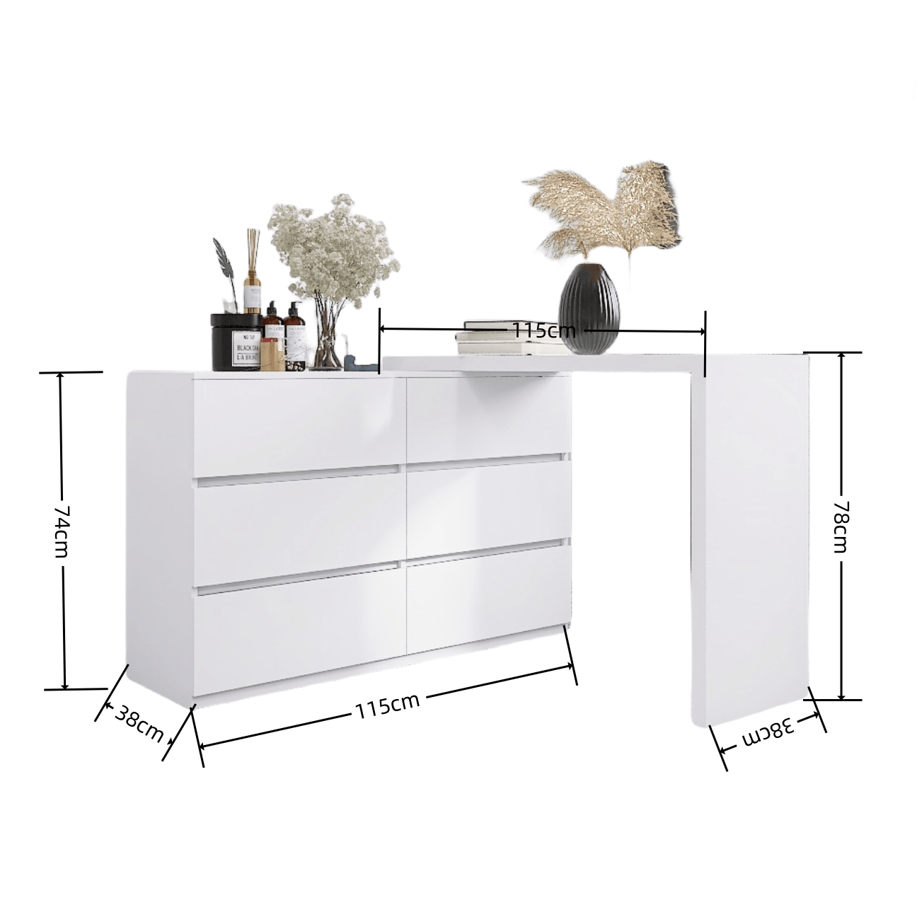THE FURNITURE CO. Vanity Default Extended Desktop 6 Drawers Chest of Handless Drawer In White Color