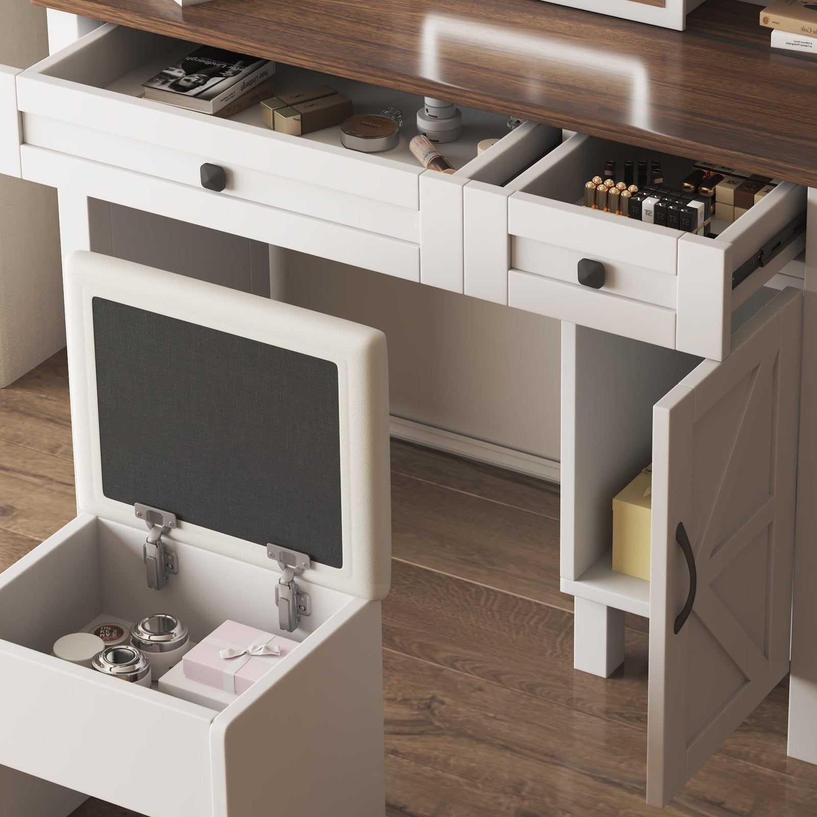 THE FURNITURE CO. Vanity Default Farmhouse Makeup Vanity Desk with Sliding Mirror and Lights Multilayer Storage Shelves and 2 Drawers Rustic Big Vanity Set In White