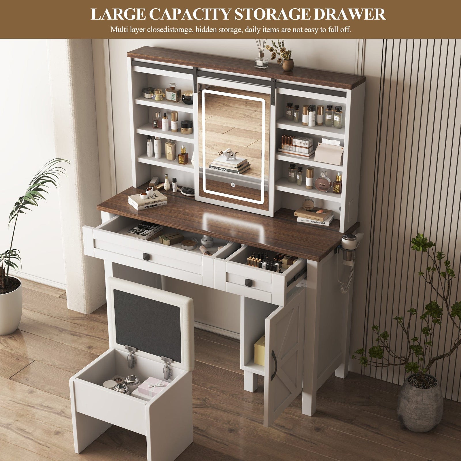 THE FURNITURE CO. Vanity Default Farmhouse Makeup Vanity Desk with Sliding Mirror and Lights Multilayer Storage Shelves and 2 Drawers Rustic Big Vanity Set In White