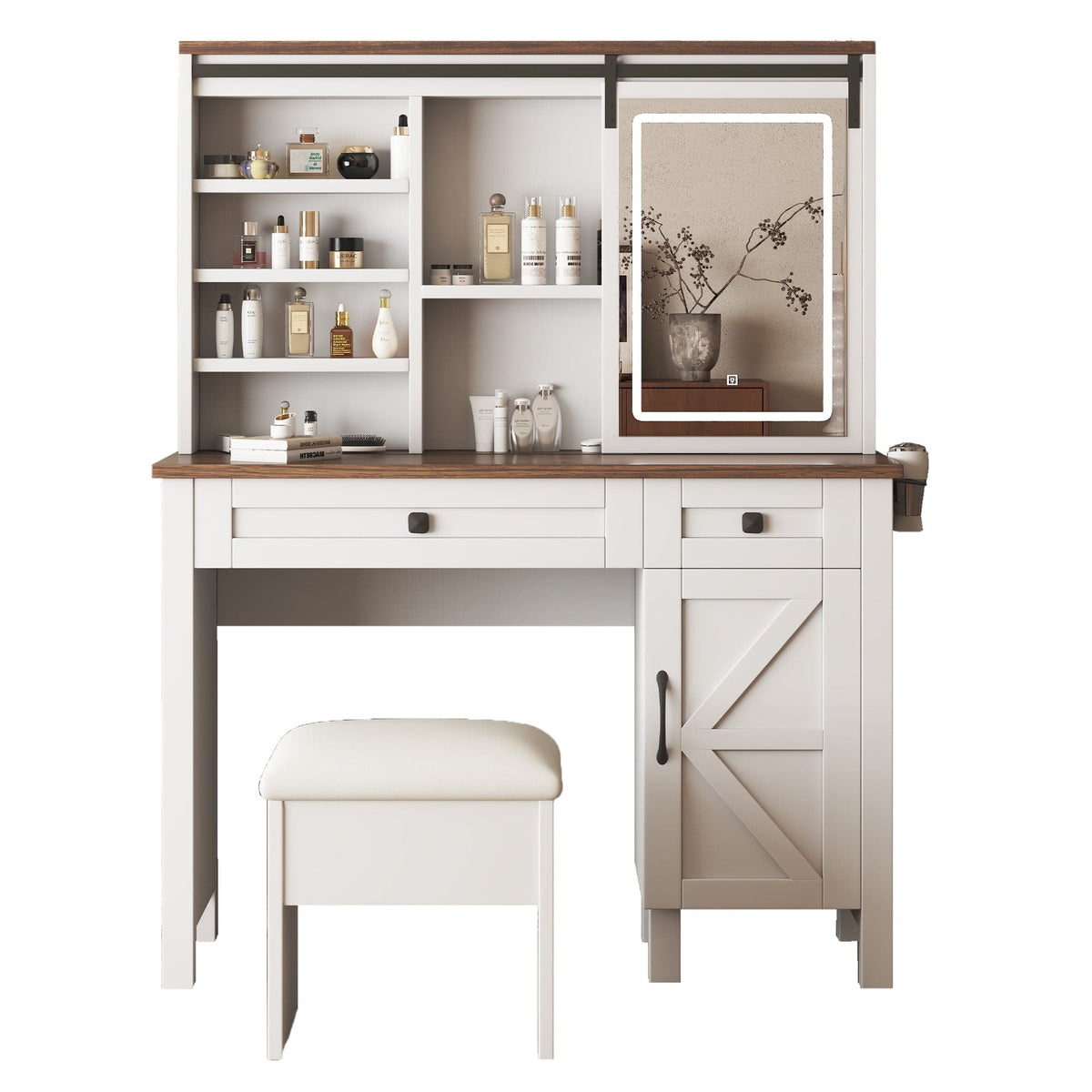 THE FURNITURE CO. Vanity Default Farmhouse Makeup Vanity Desk with Sliding Mirror and Lights Multilayer Storage Shelves and 2 Drawers Rustic Big Vanity Set In White