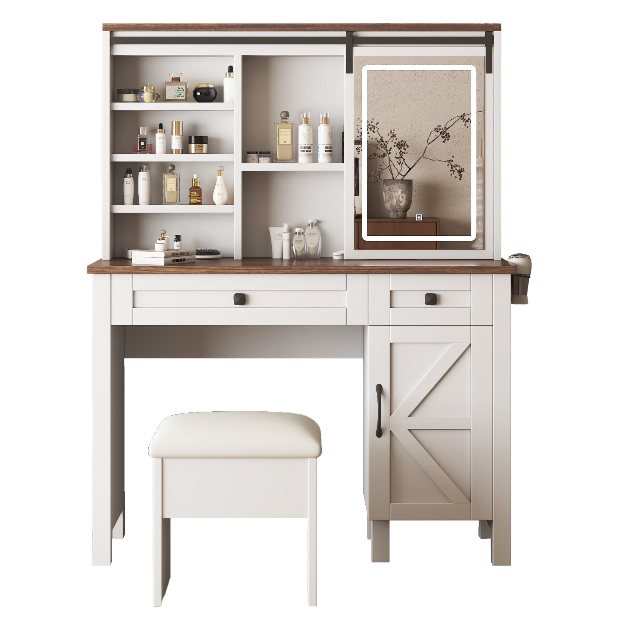 THE FURNITURE CO. Vanity Default Farmhouse Makeup Vanity Desk with Sliding Mirror and Lights Multilayer Storage Shelves and 2 Drawers Rustic Big Vanity Set In White