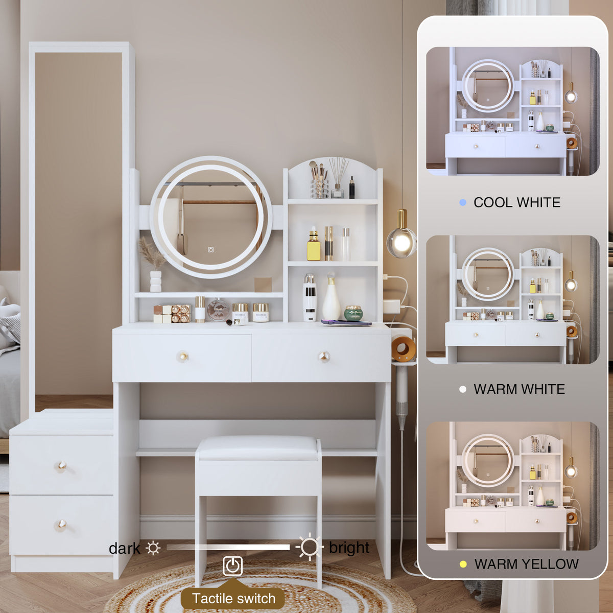 THE FURNITURE CO. Vanity Default Full Body Mirror Cabinet And LED Vanity Table With Cushioned Stool 2 AC 2 USB Ports 17 Inch LED Mirror Touch Control In White