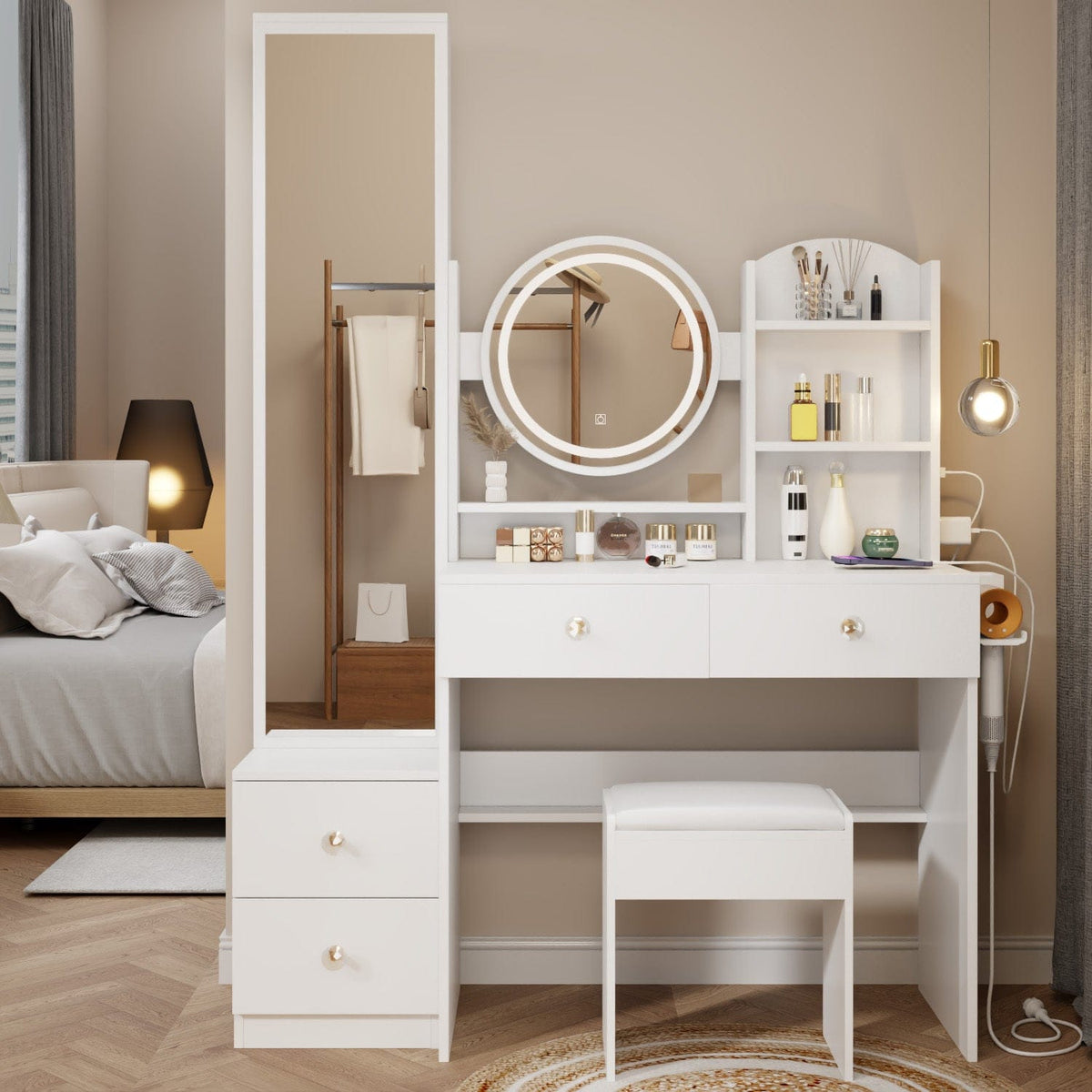 THE FURNITURE CO. Vanity Default Full Body Mirror Cabinet And LED Vanity Table With Cushioned Stool 2 AC 2 USB Ports 17 Inch LED Mirror Touch Control In White