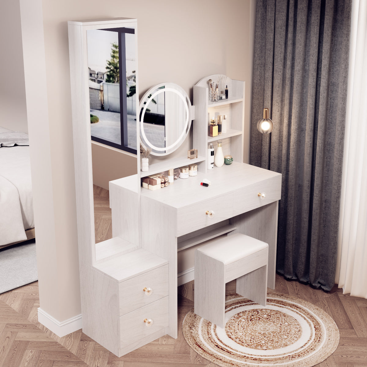THE FURNITURE CO. Vanity Default Full Body Mirror Cabinet Round LED Vanity Table Cushioned Stool 17 Inch Diameter Touch Control Adjustable Brightness Large Desktop In White Oak