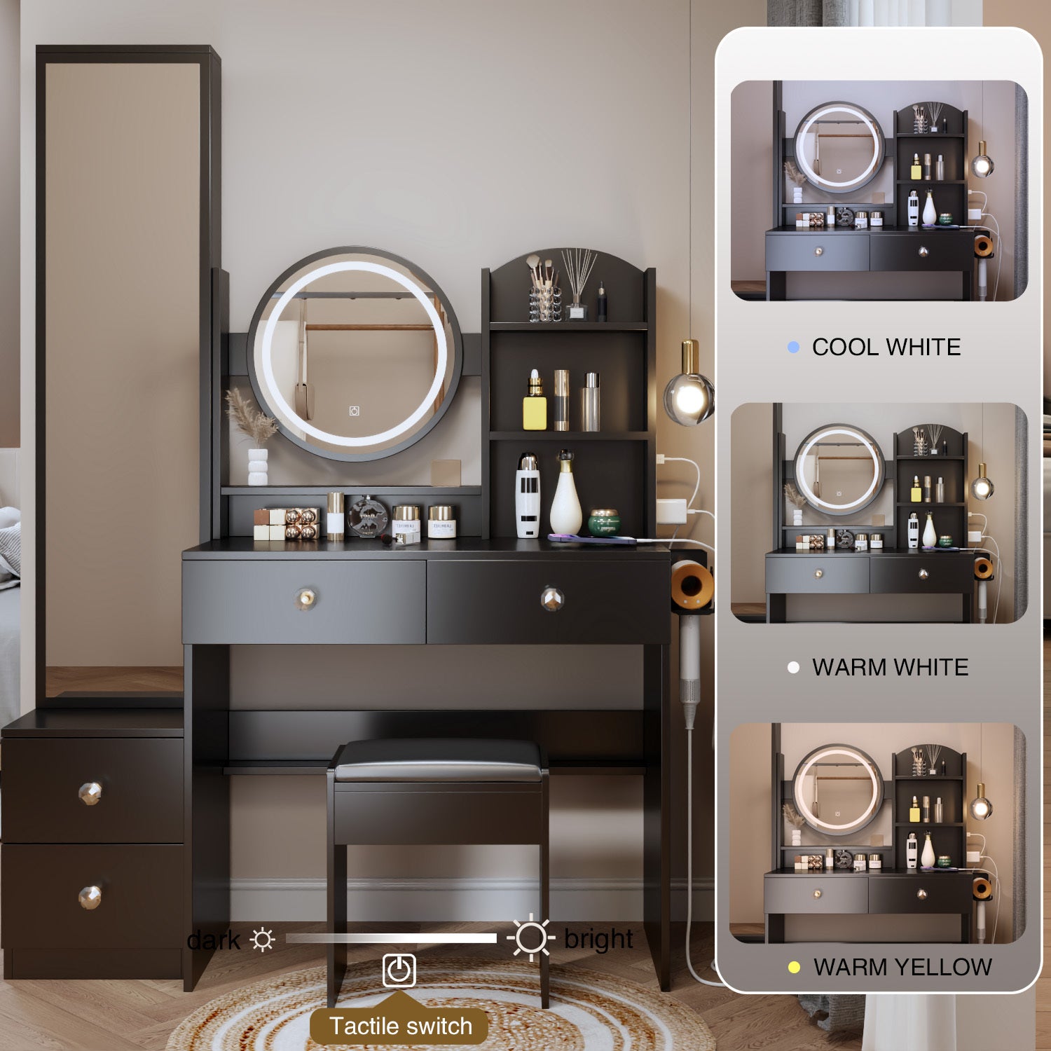 THE FURNITURE CO. Vanity Default Full Body Mirror Cabinet Round Mirror LED Vanity Table Cushioned Stool With 2 AC 2 USB Power Station Touch Control In Black