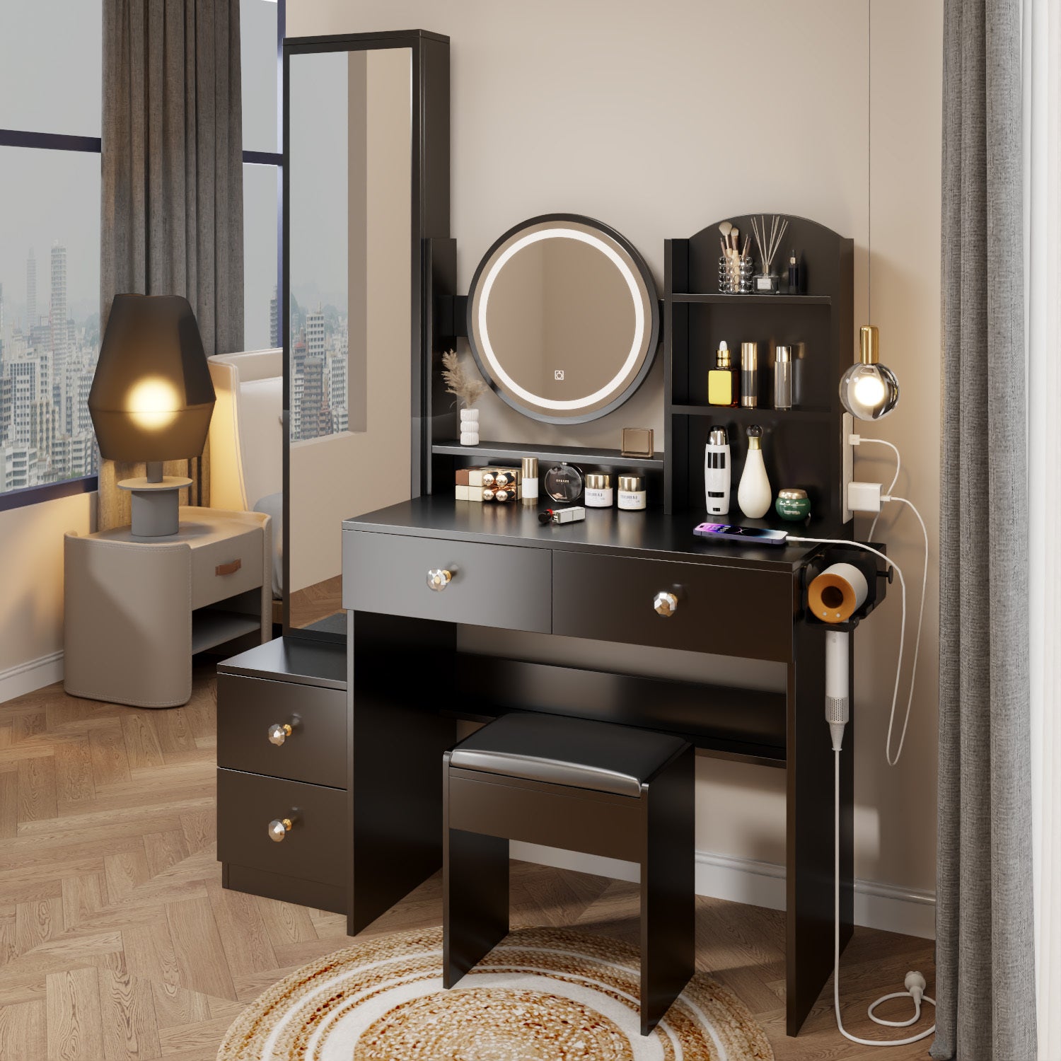 THE FURNITURE CO. Vanity Default Full Body Mirror Cabinet Round Mirror LED Vanity Table Cushioned Stool With 2 AC 2 USB Power Station Touch Control In Black