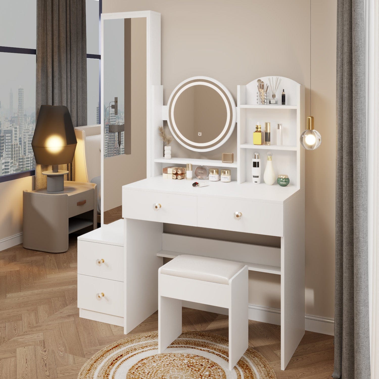 THE FURNITURE CO. Vanity Default Full Body Mirror Cabinet With LED Vanity Table And Cushioned Stool In White