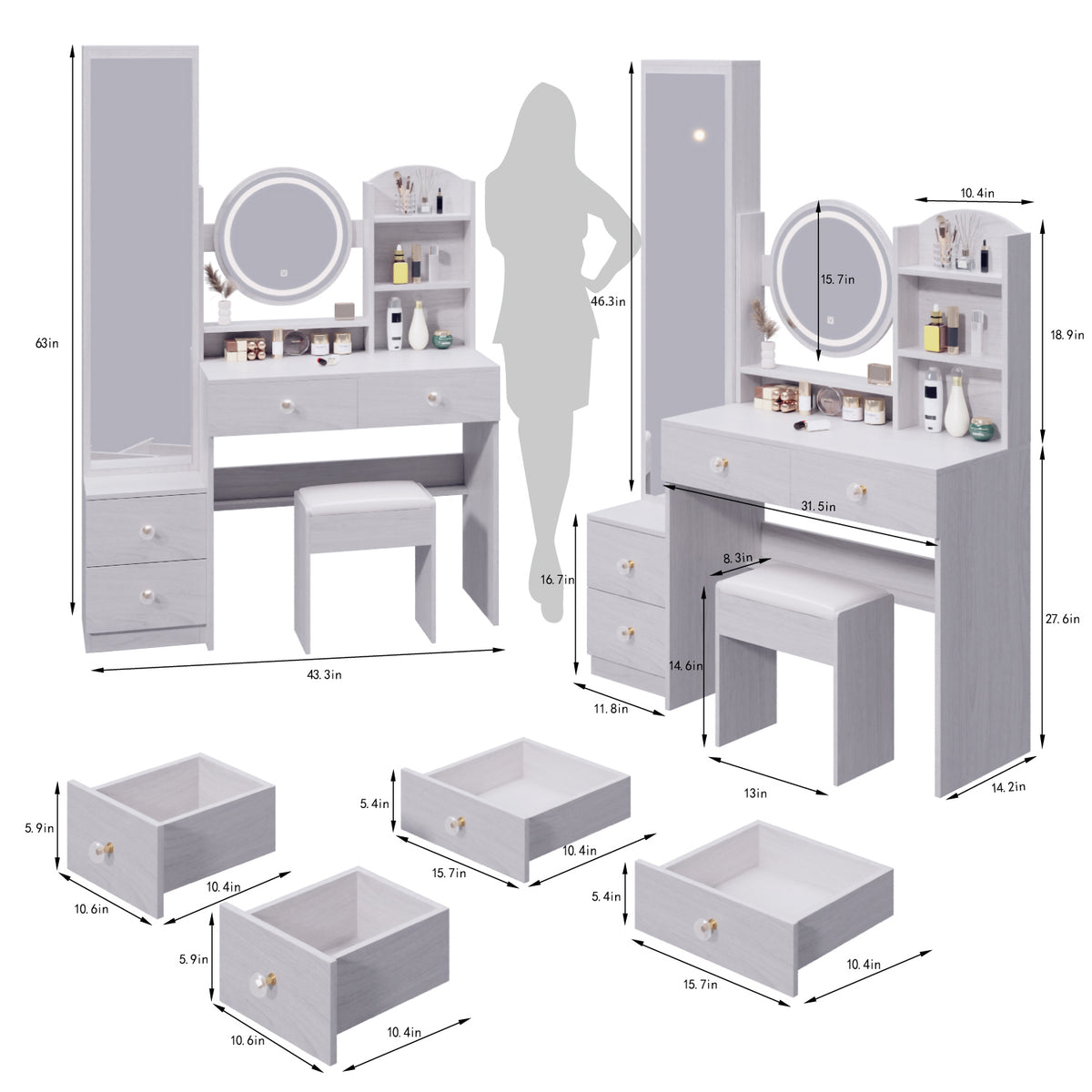 THE FURNITURE CO. Vanity Default Full Body Mirror Cabinet With LED Vanity Table And Cushioned Stool In White