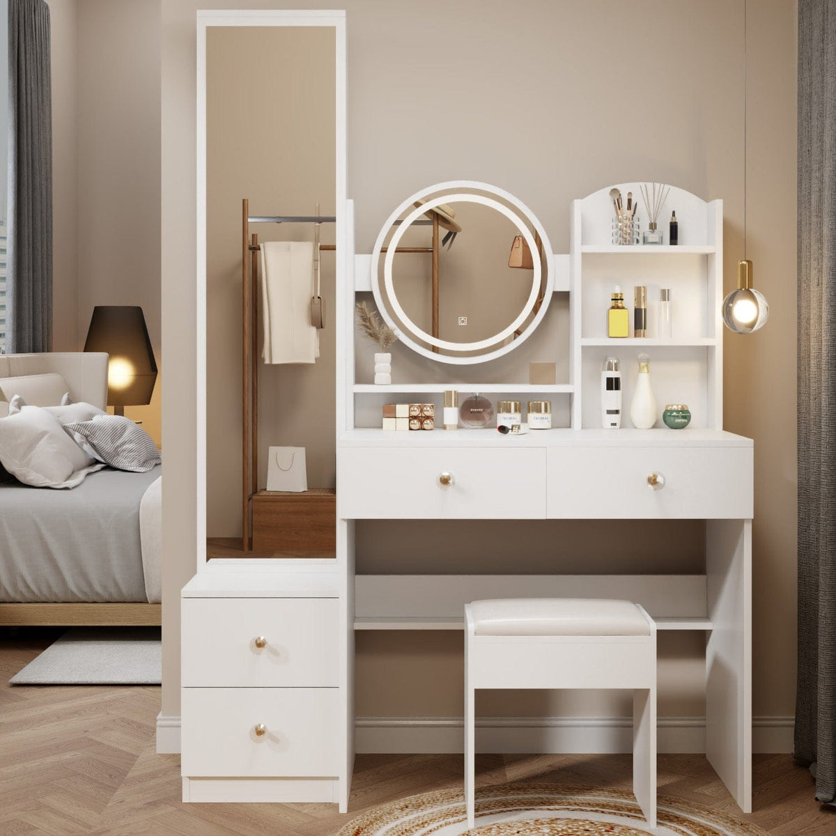THE FURNITURE CO. Vanity Default Full Body Mirror Cabinet With LED Vanity Table And Cushioned Stool In White