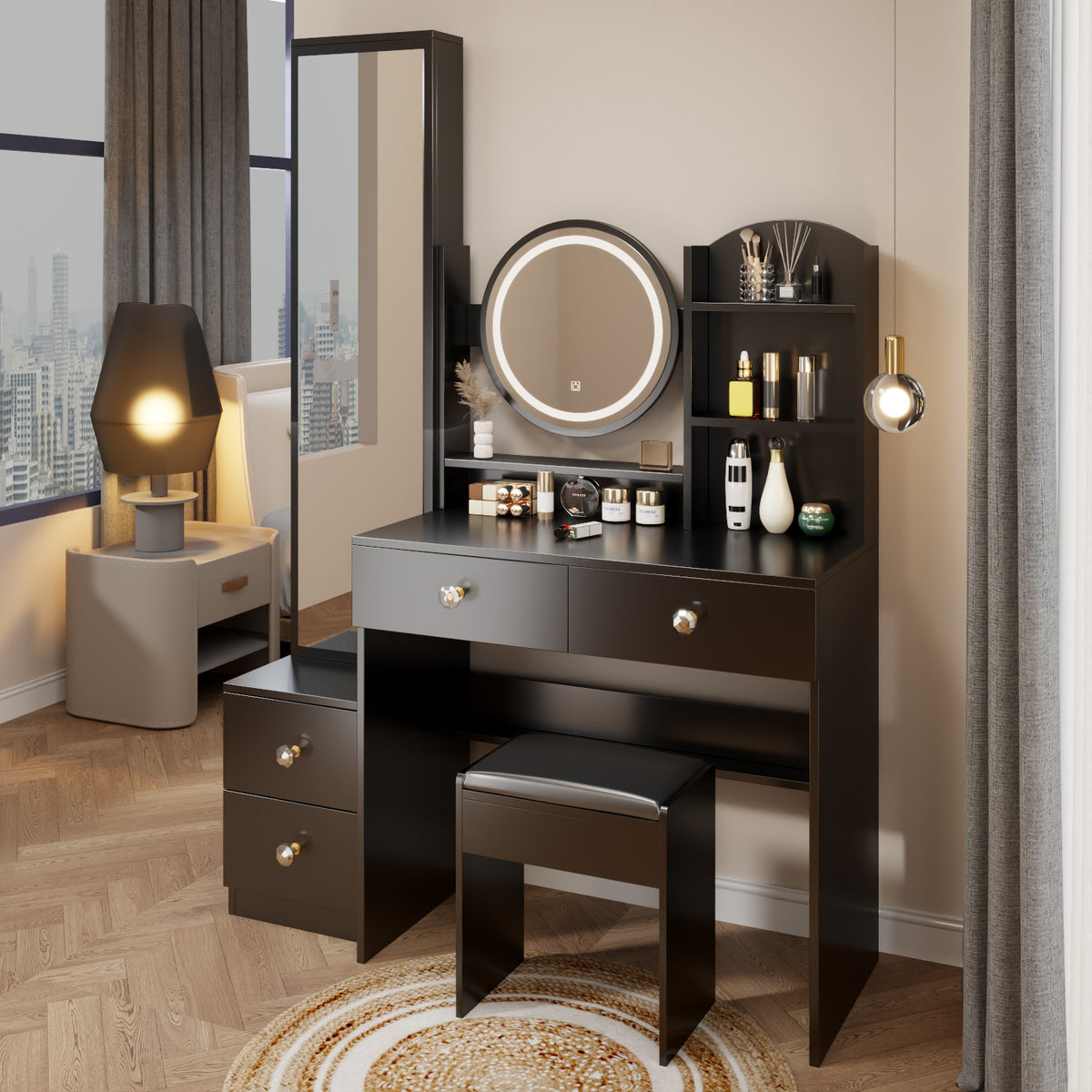 THE FURNITURE CO. Vanity Default Full Body Mirror Cabinet With Round LED Vanity Table And Cushioned Stool Touch Control 3-Color Brightness Adjustable In Black