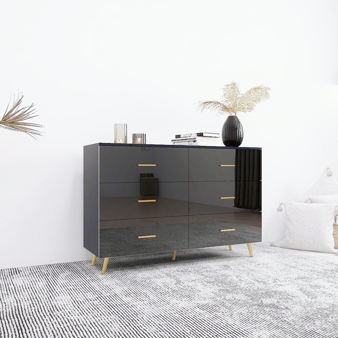 THE FURNITURE CO. Vanity Default High Glossy Surface 6 Drawers Chest of Drawer with Golden Handle and Legs In Black Color