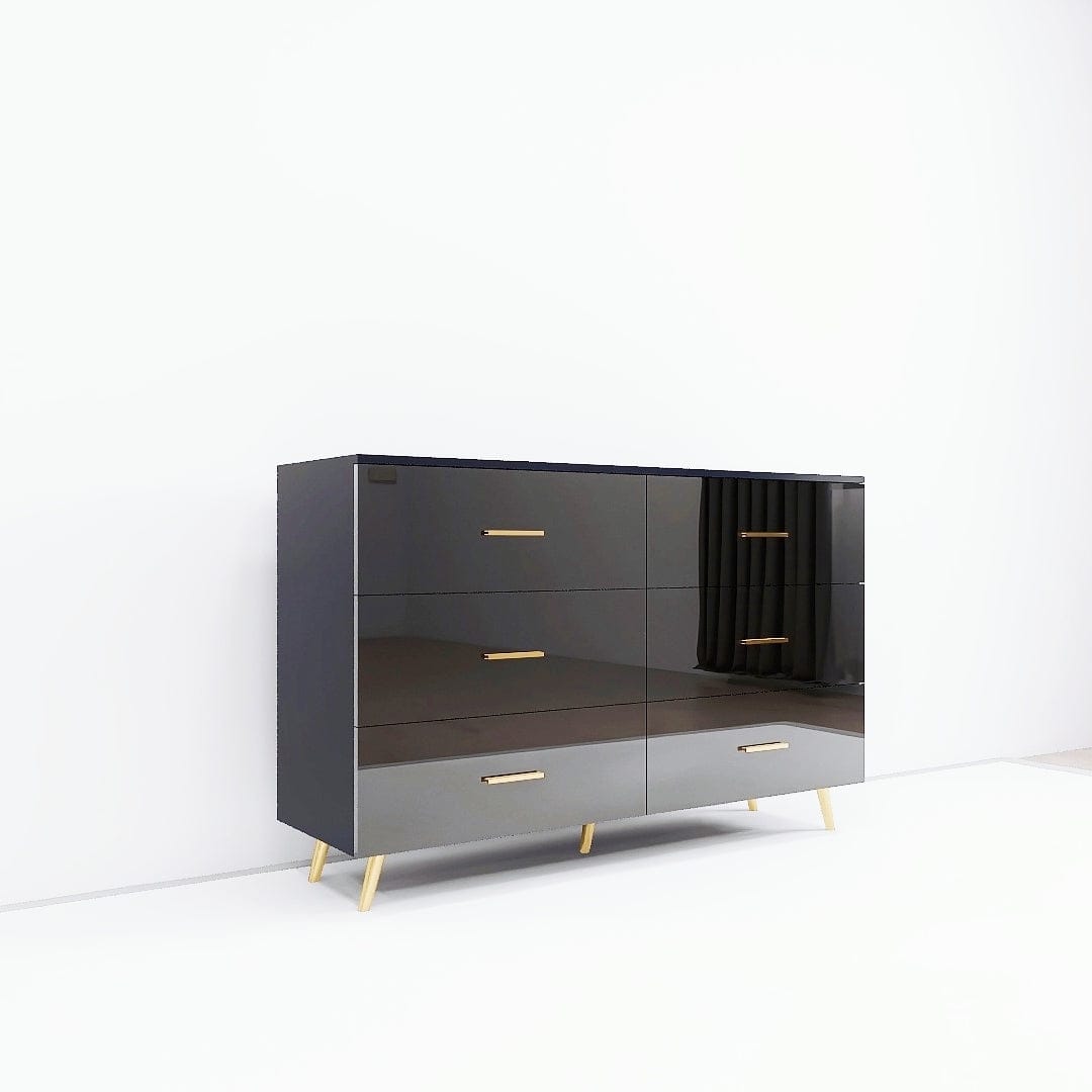 THE FURNITURE CO. Vanity Default High Glossy Surface 6 Drawers Chest of Drawer with Golden Handle and Legs In Black Color