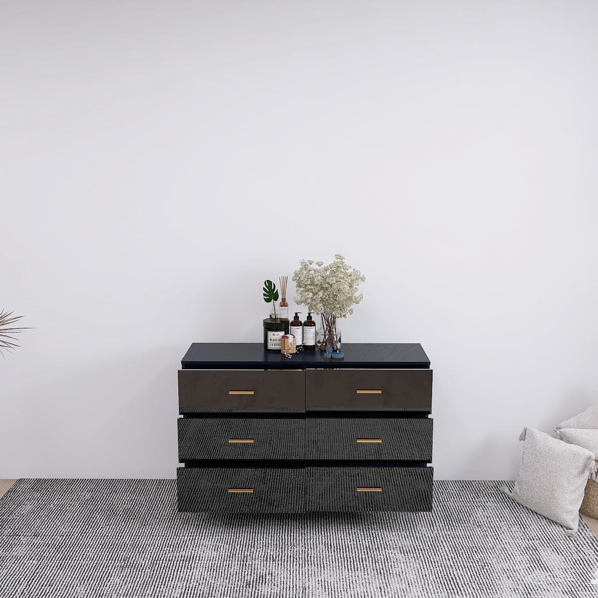 THE FURNITURE CO. Vanity Default High Glossy Surface 6 Drawers Chest of Drawer with Golden Handle and Legs In Black Color