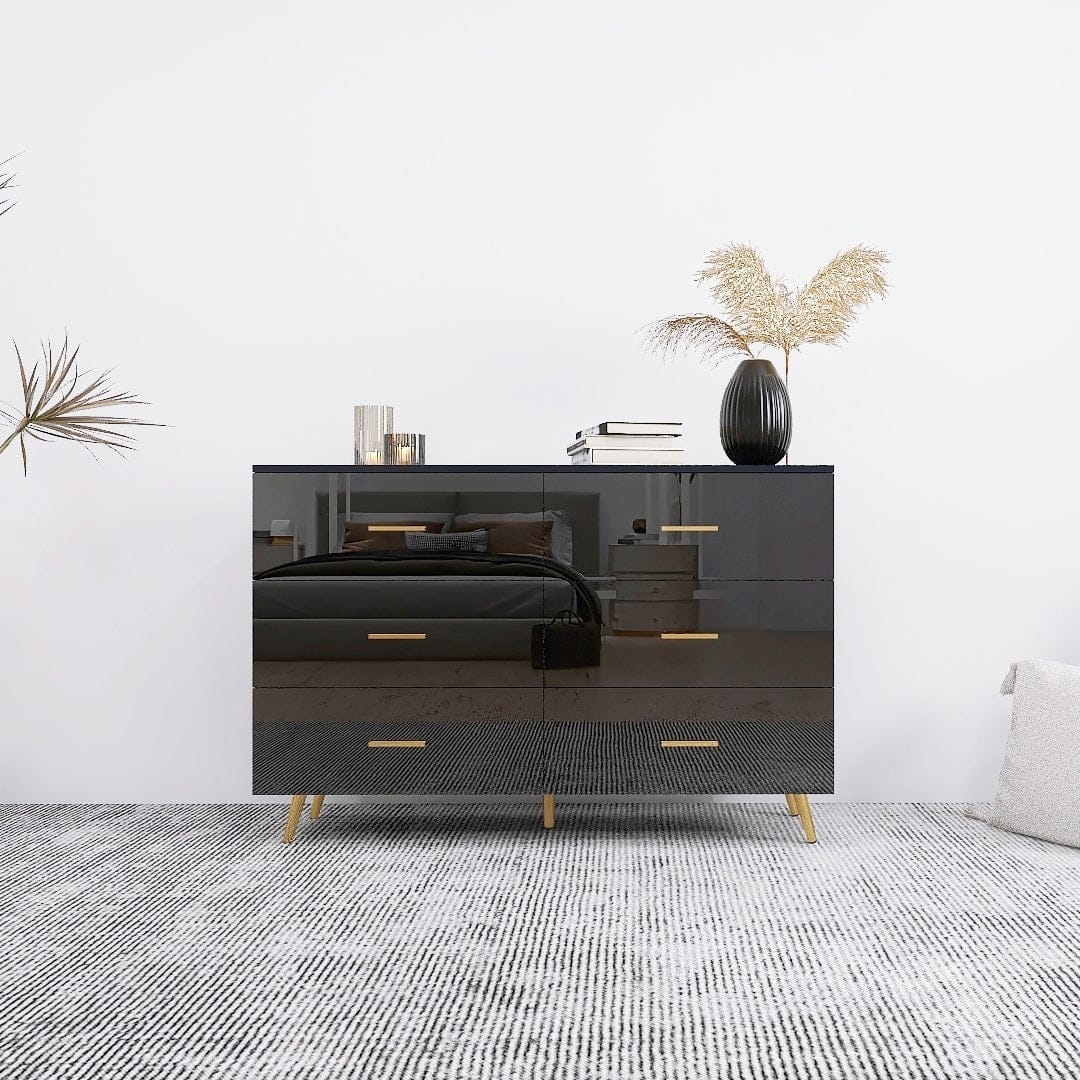 THE FURNITURE CO. Vanity Default High Glossy Surface 6 Drawers Chest of Drawer with Golden Handle and Legs In Black Color