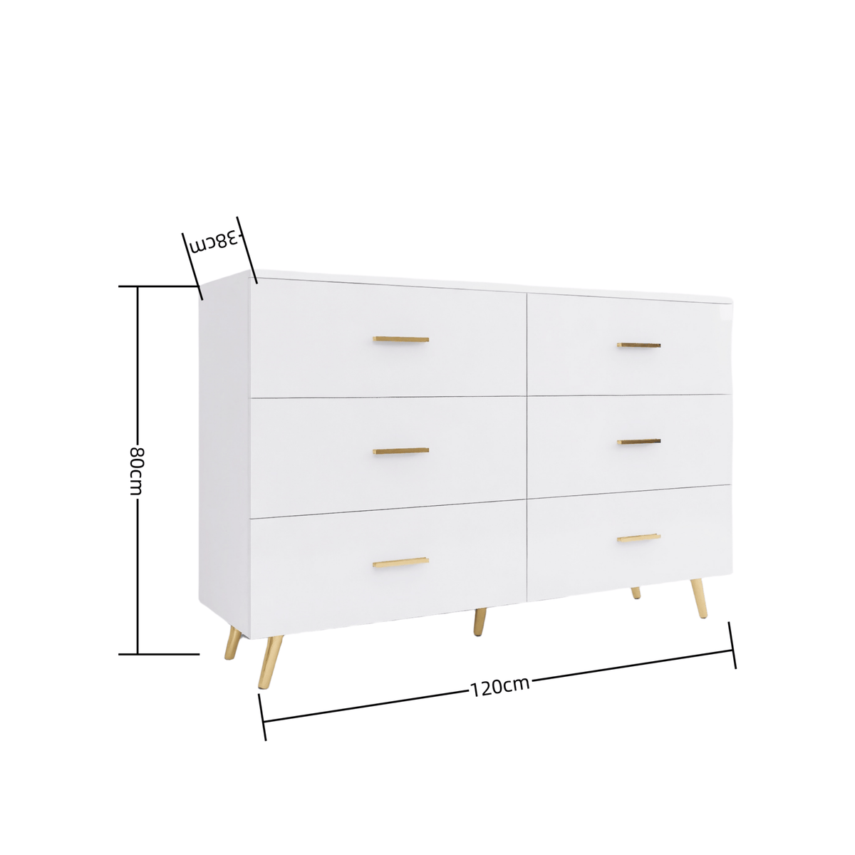 THE FURNITURE CO. Vanity Default High Glossy Surface 6 Drawers Chest With Golden Handle And Steel Legs In White