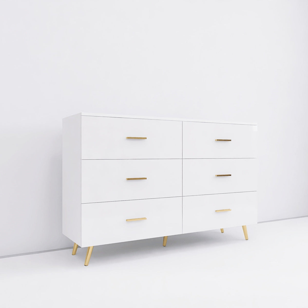 THE FURNITURE CO. Vanity Default High Glossy Surface 6 Drawers Chest With Golden Handle And Steel Legs In White