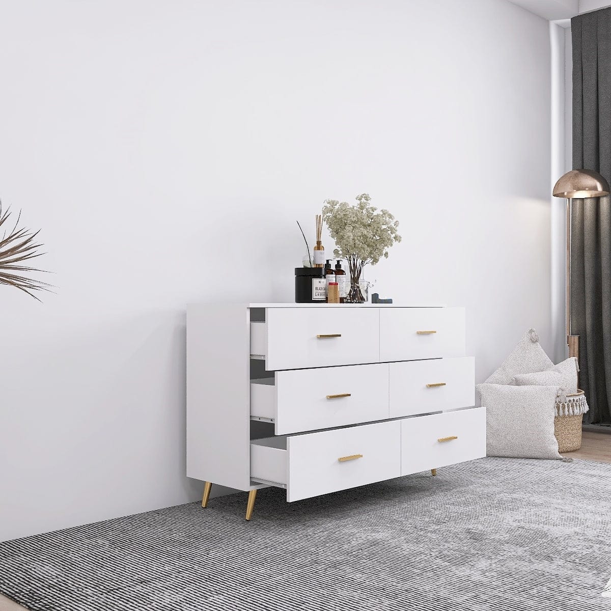 THE FURNITURE CO. Vanity Default High Glossy Surface 6 Drawers Chest With Golden Handle And Steel Legs In White