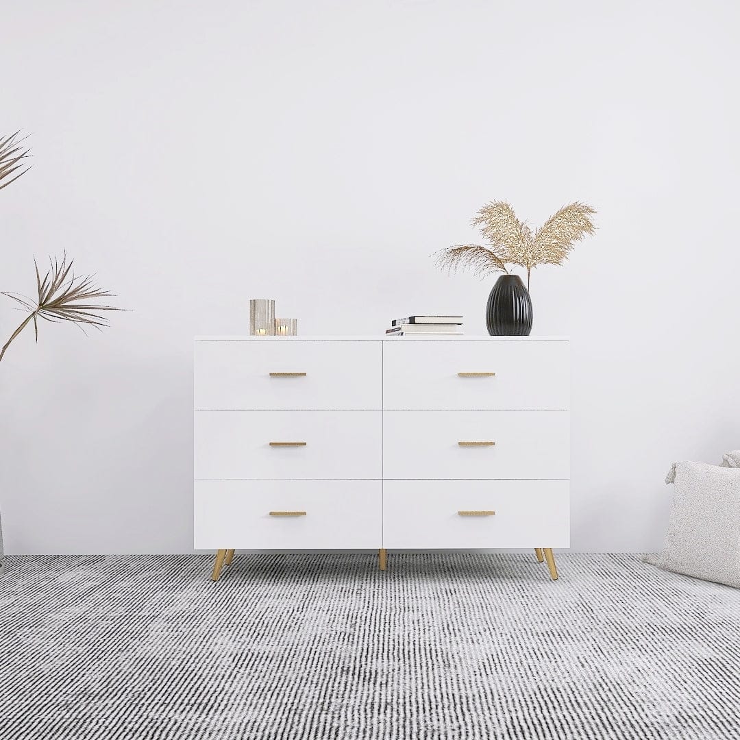 THE FURNITURE CO. Vanity Default High Glossy Surface 6 Drawers Chest With Golden Handle And Steel Legs In White