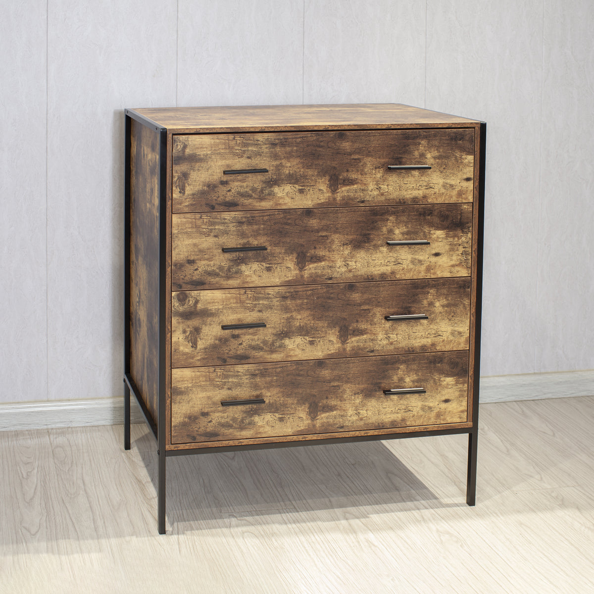 THE FURNITURE CO. Vanity Default Industrial Style 4 Drawer Dresser with Sturdy Steel Frame In Rustic Brown
