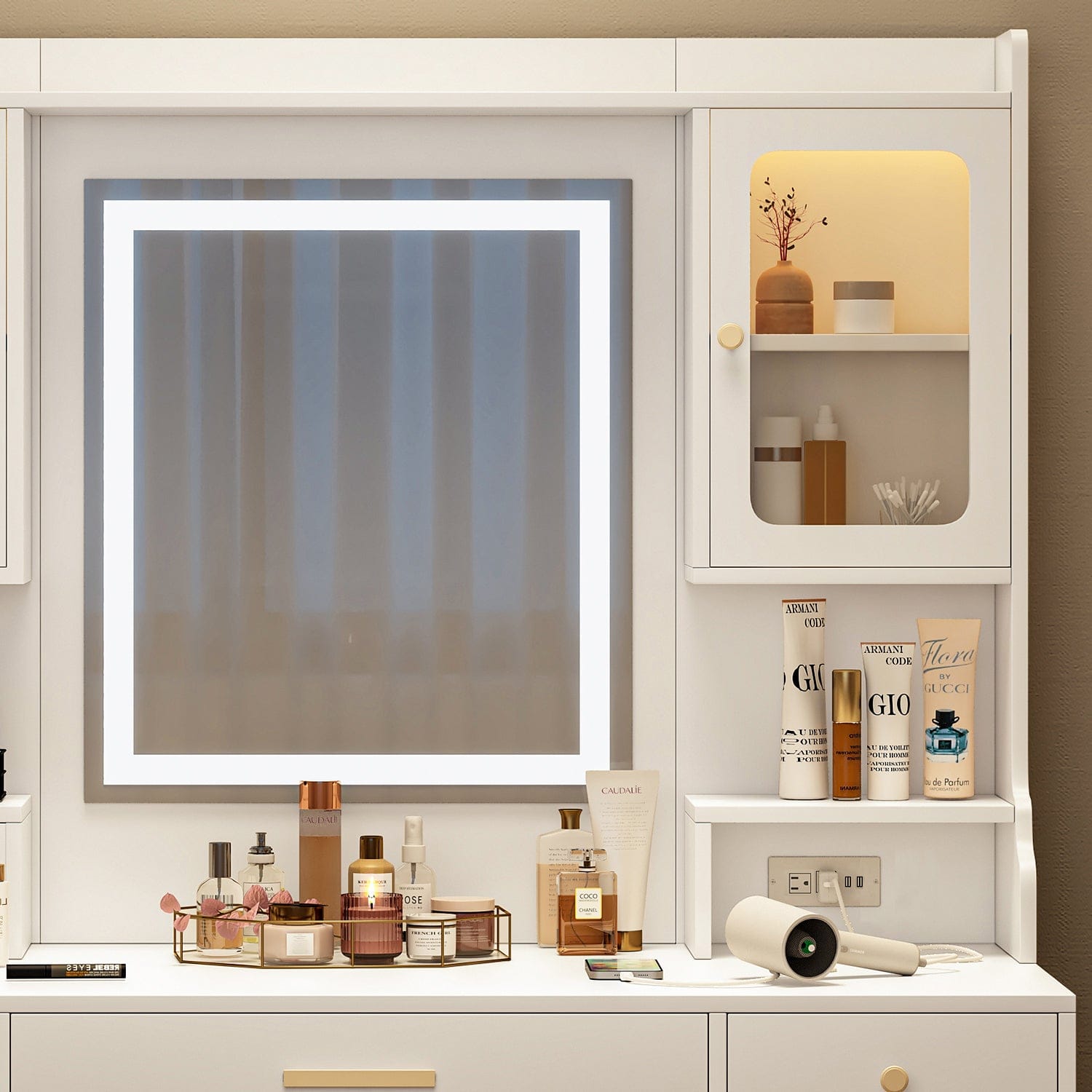 THE FURNITURE CO. Vanity Default Large Vanity Table Set Makeup Dressing Table with Mirror 6 Drawers Shelves In White